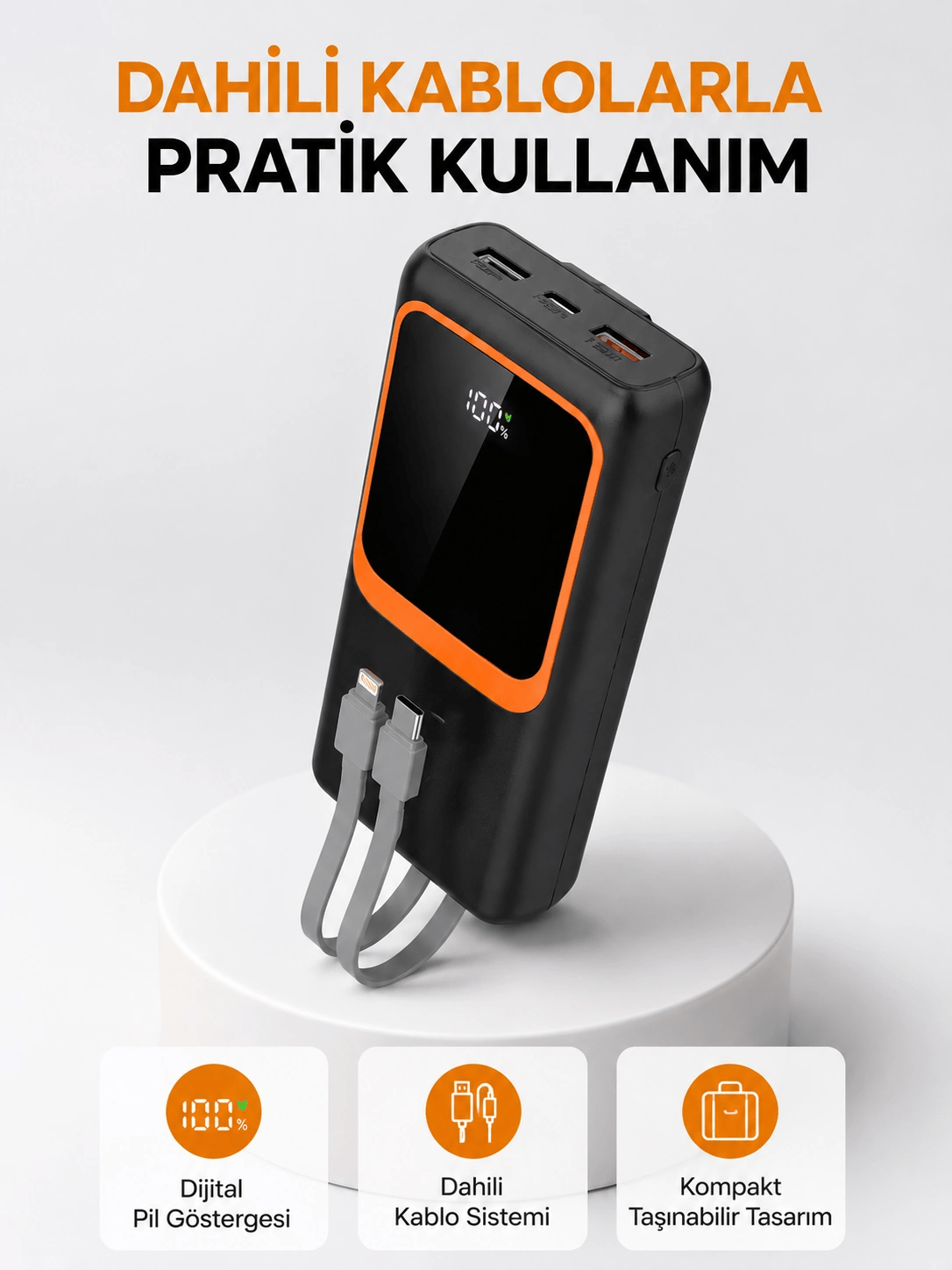 Powerbank 20000 mAh Dijital Ekranlı ve Çok Kablolu Hızlı Şarj Cihazı