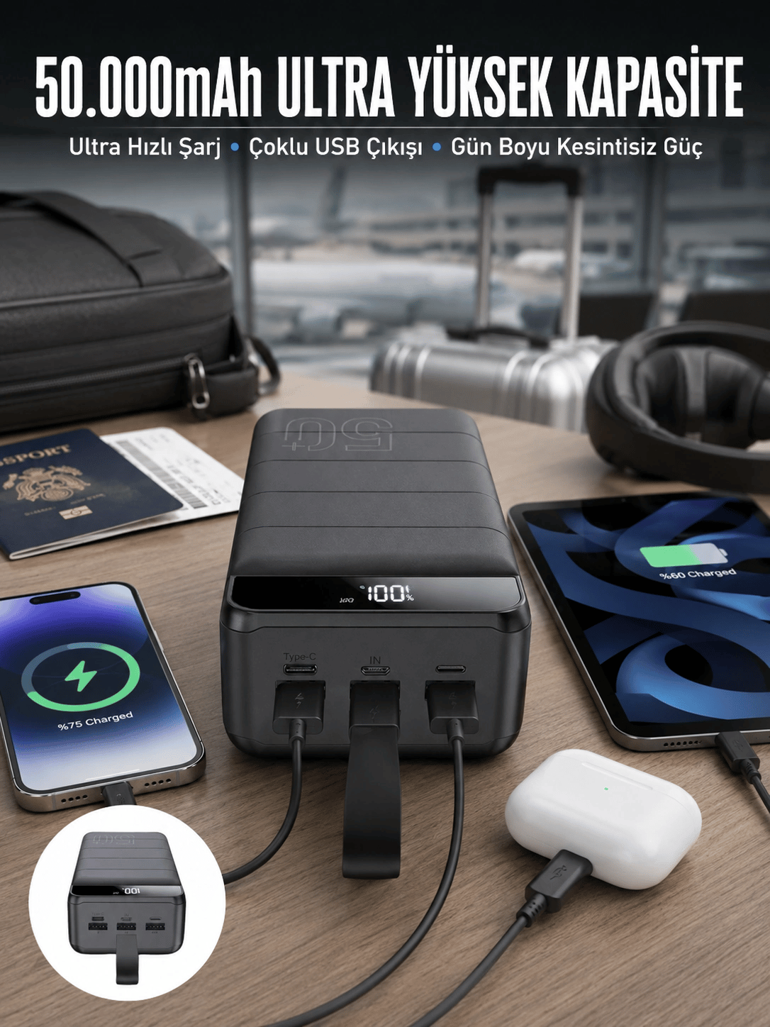 Powerbank Çoklu Şarj Girişi 50.000 Mah Taşınabilir Dijital Göstergeli (Kopya)