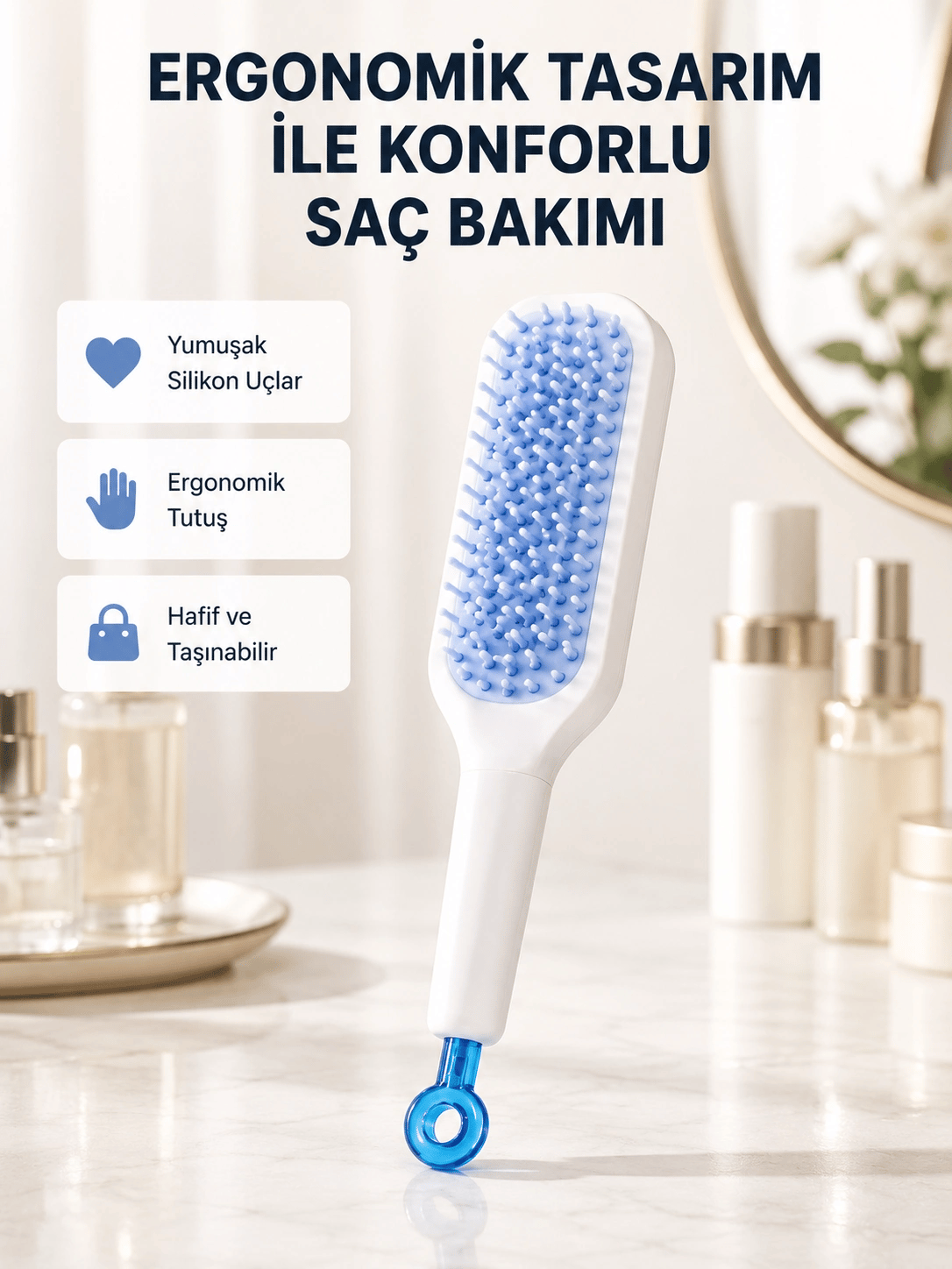 Pratik Mekanizmalı Saç Tarağı – Kendi Kendini Temizler, Taşınabilir