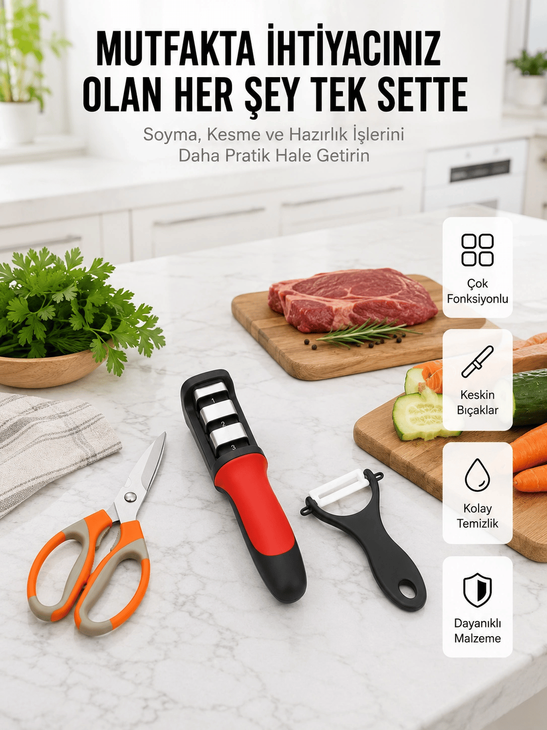 Profesyonel Mutfak Makas Seti –  Kesim Makası + Soyacak + Bileyici Yeni Nesil