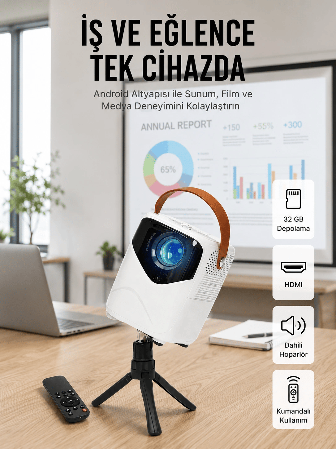 Projeksiyon Ev Sineması Bluetooth 4k HD Kaliteli Görüntü Kumandalı