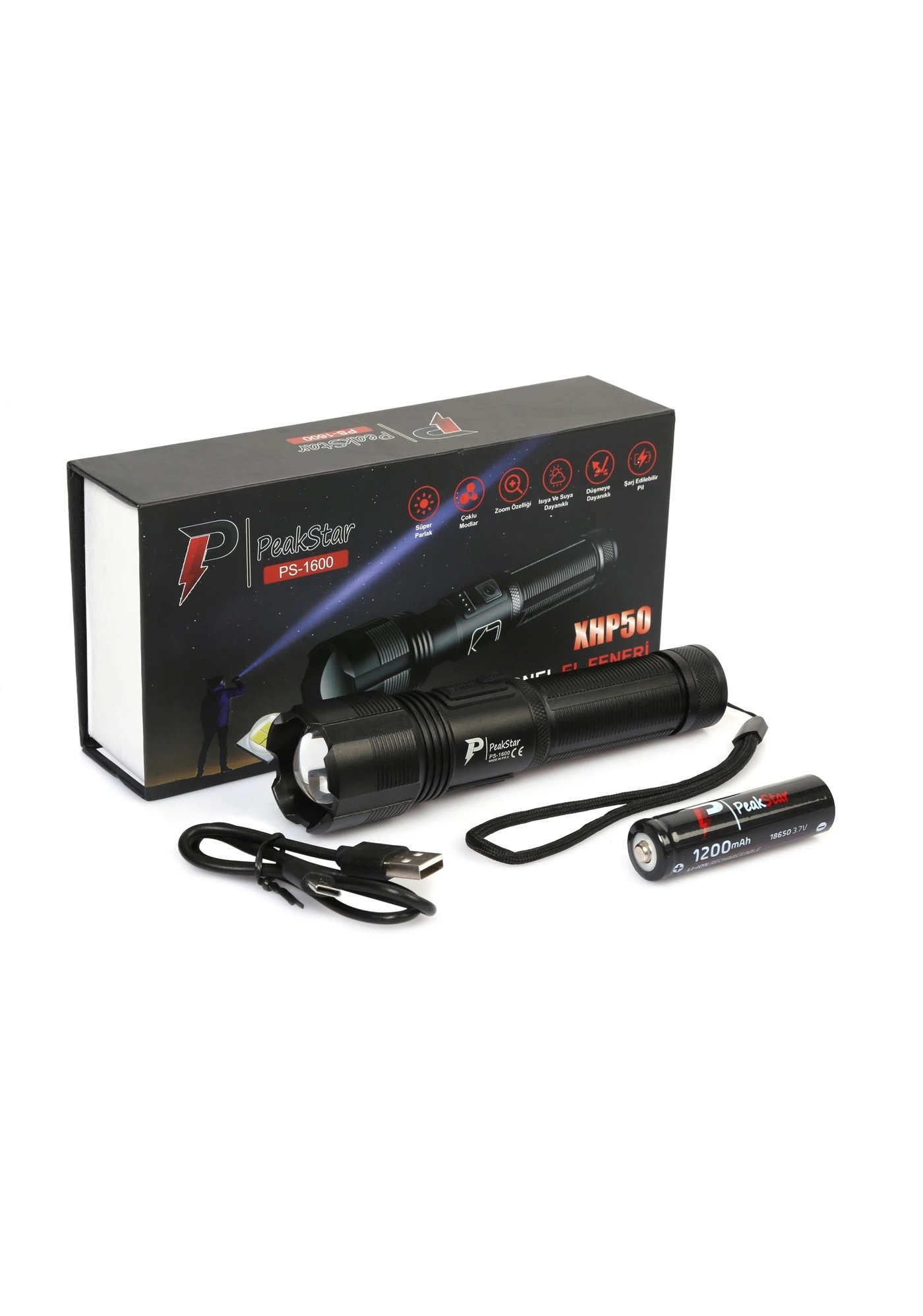 Ps-1600 Süper Parlak Led Zoomlu 5 Mod Su Geçirmez Profesyonel Kamp Bekçi Avcı Feneri