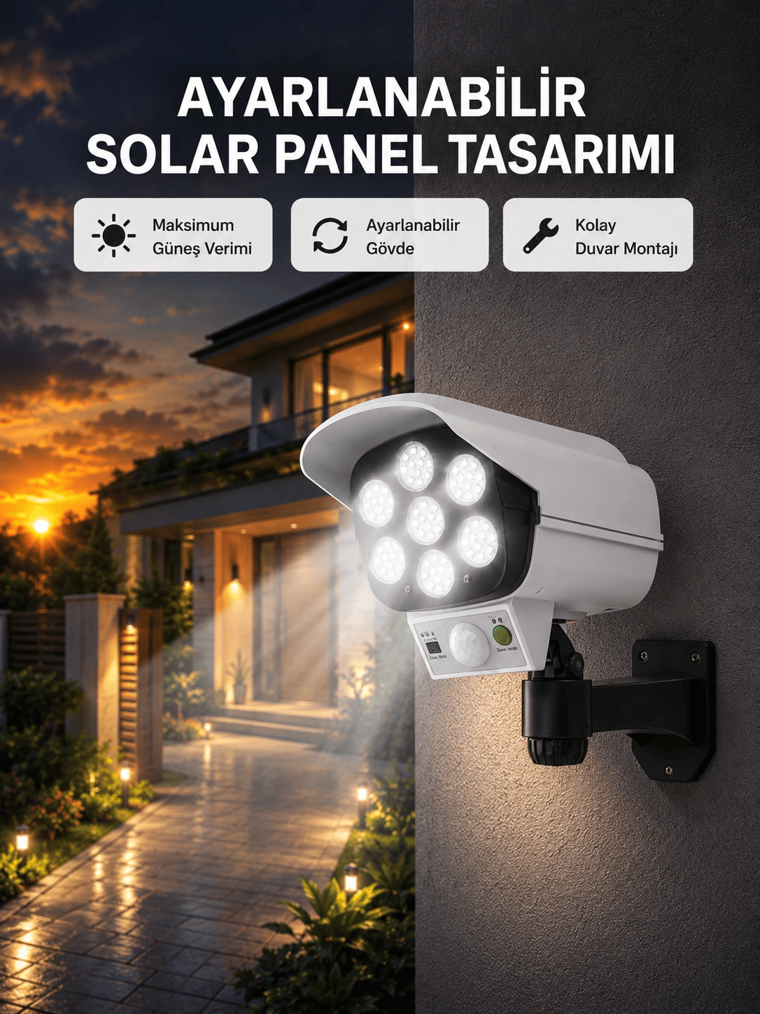 PVC+PC Malzemeli, 2'si 1 Arada Güvenlik Lambası – Ayarlanabilir Başlık ve Panel Açısı