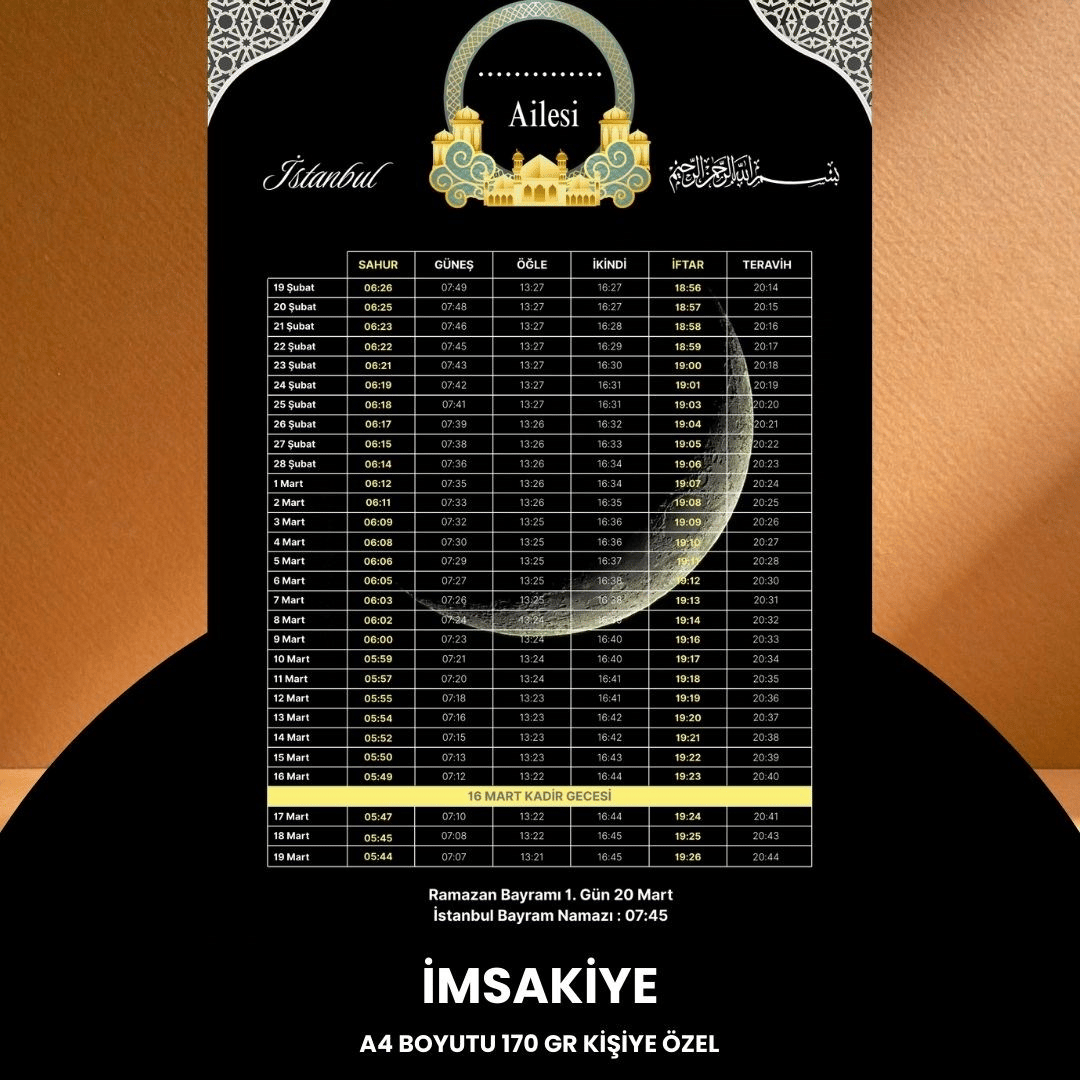 Ramazan İmsakiyesi - 170 Gr - A4 Boyut Kişiye Özel İsimli & Logolu 100 Adet Siyah-sarı