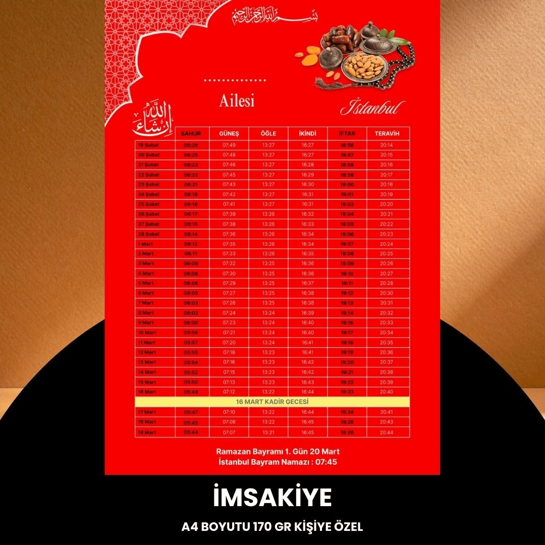 Ramazan İmsakiyesi - 170 Gr - A4 Boyut Kişiye Özel İsimli & Logolu 100 Adet Kırmızı