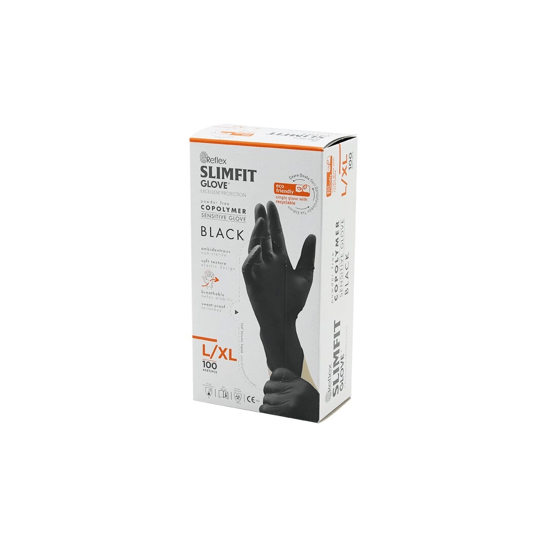 Reflex Slimfit Glove Kod-031 L-xl Siyah Pudrasız Muayene Eldiven 100lü Bx40