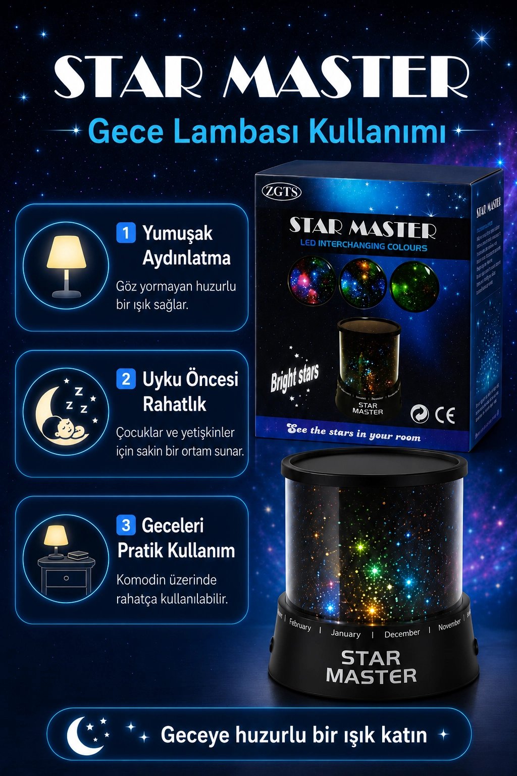Renk Değiştiren LED Yıldız Projektör Gece Lambası Oda Tavanı İçin Dekoratif Işık