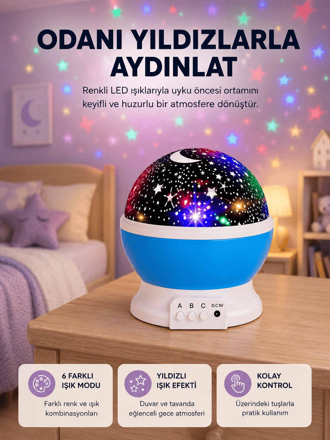 Renkli LED Gece Lambası 6 Işık Modlu Çocuk Odası Atmosfer Aydınlatma