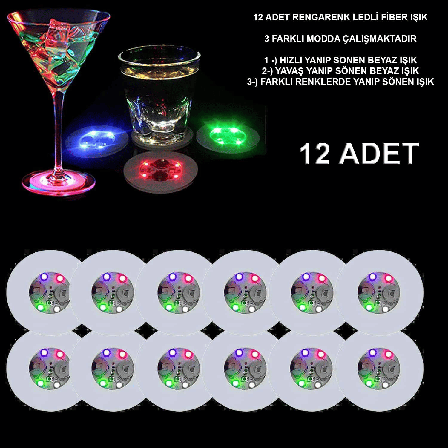 Renkli Led Işıklı Bardak Altlığı - Dekoratif (12 Adet, Pilli)