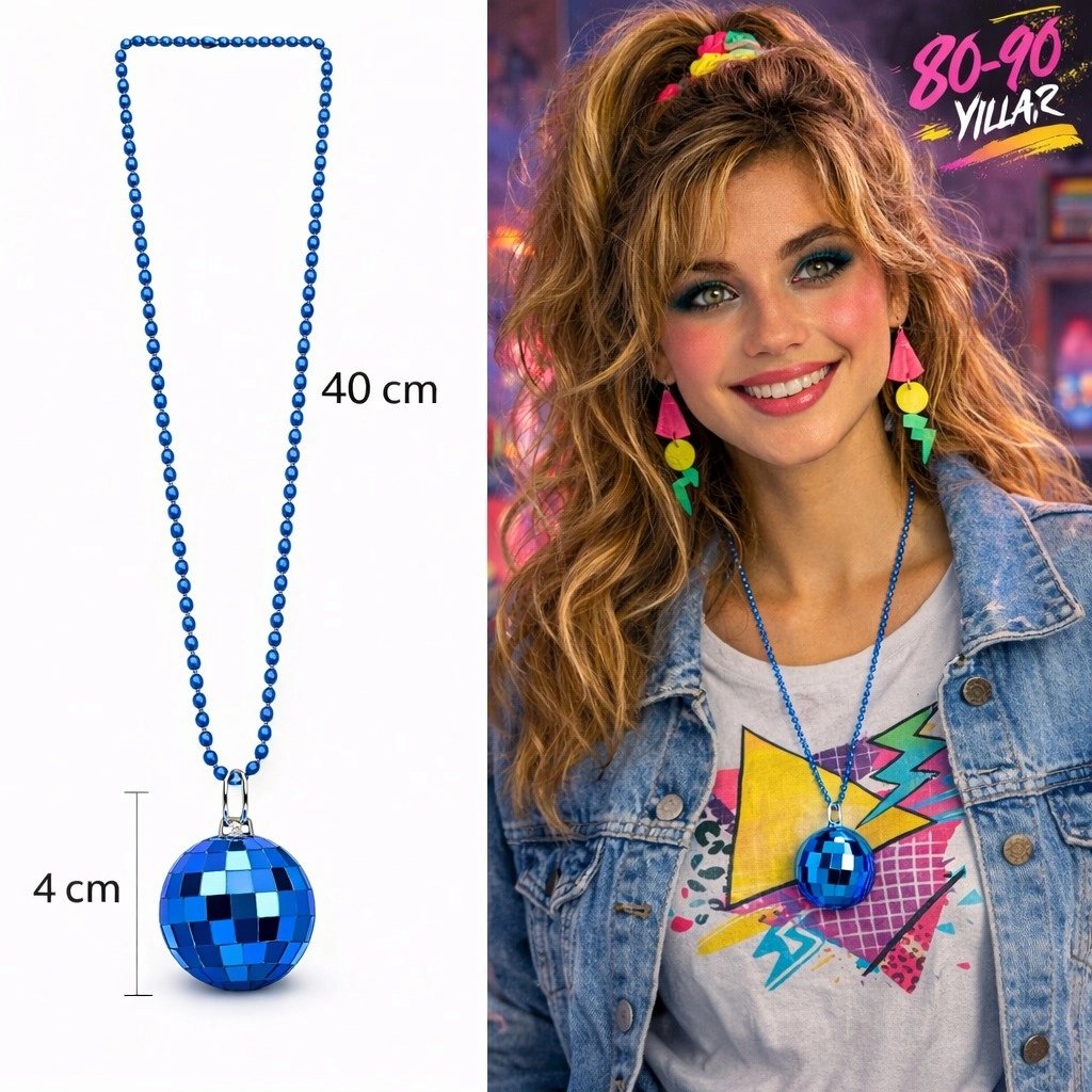 Retro Disko Topu Şekilli 80'ler 90'lar Mavi Renk Plastik Kolye