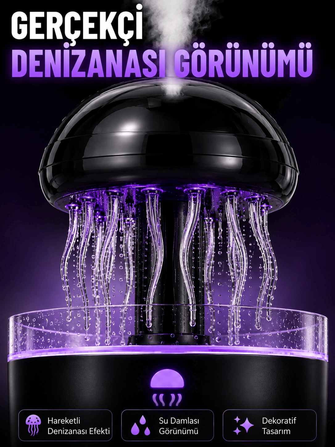 RGB Işıklı Denizanası Hava Nemlendirici Ultrasonik Buhar Makinesi 2H 4H 8H Zamanlayıcılı
