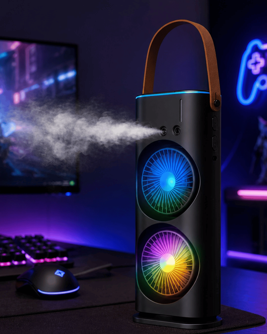 RGB Işıklı Spreyli Masa Fanı Çift Motorlu Güçlü Üflemeli Taşınabilir Fan