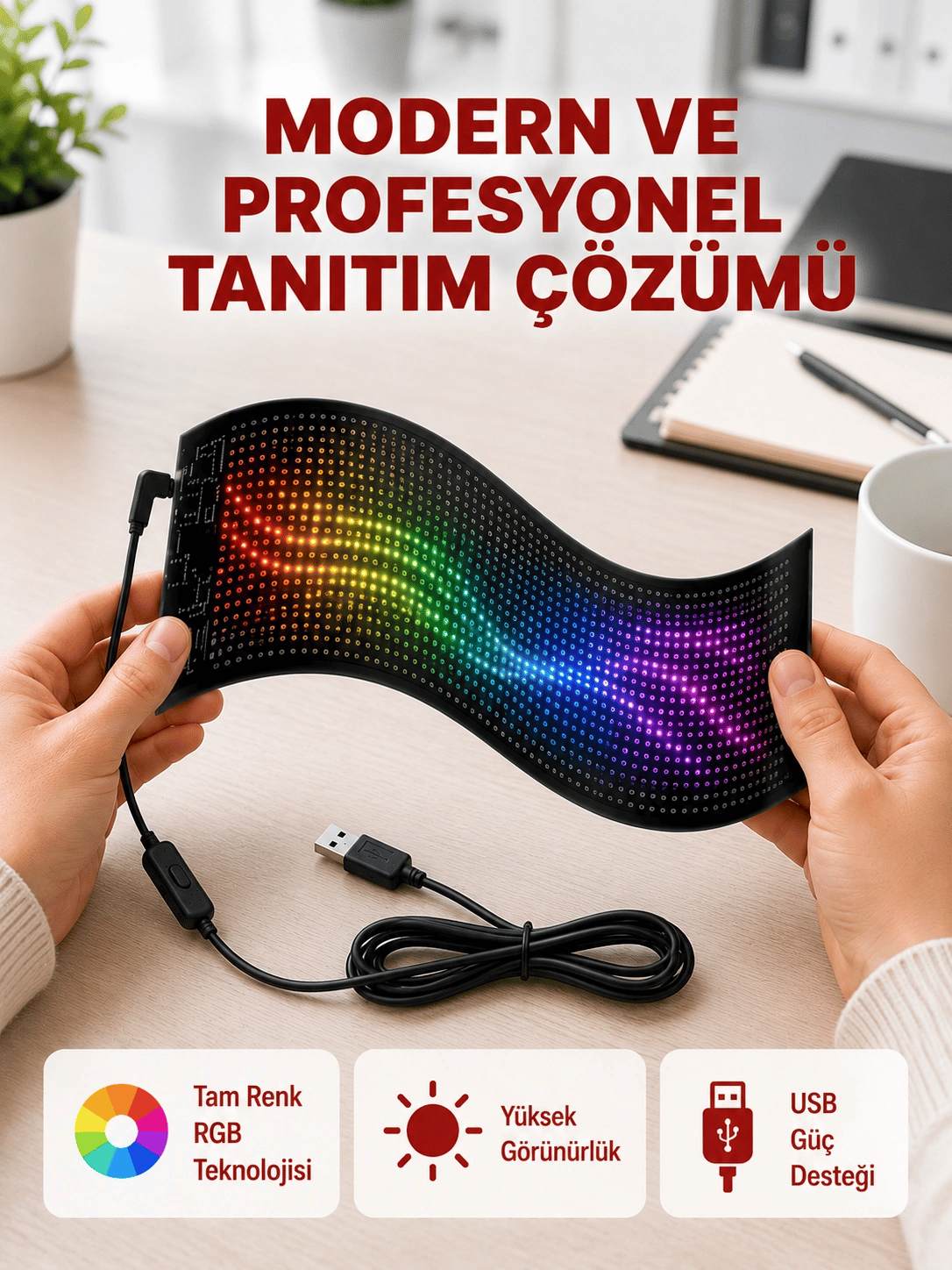 RGB Kayar Yazılı LED Reklam Ekranı – USB Bağlantılı Esnek Tasarım
