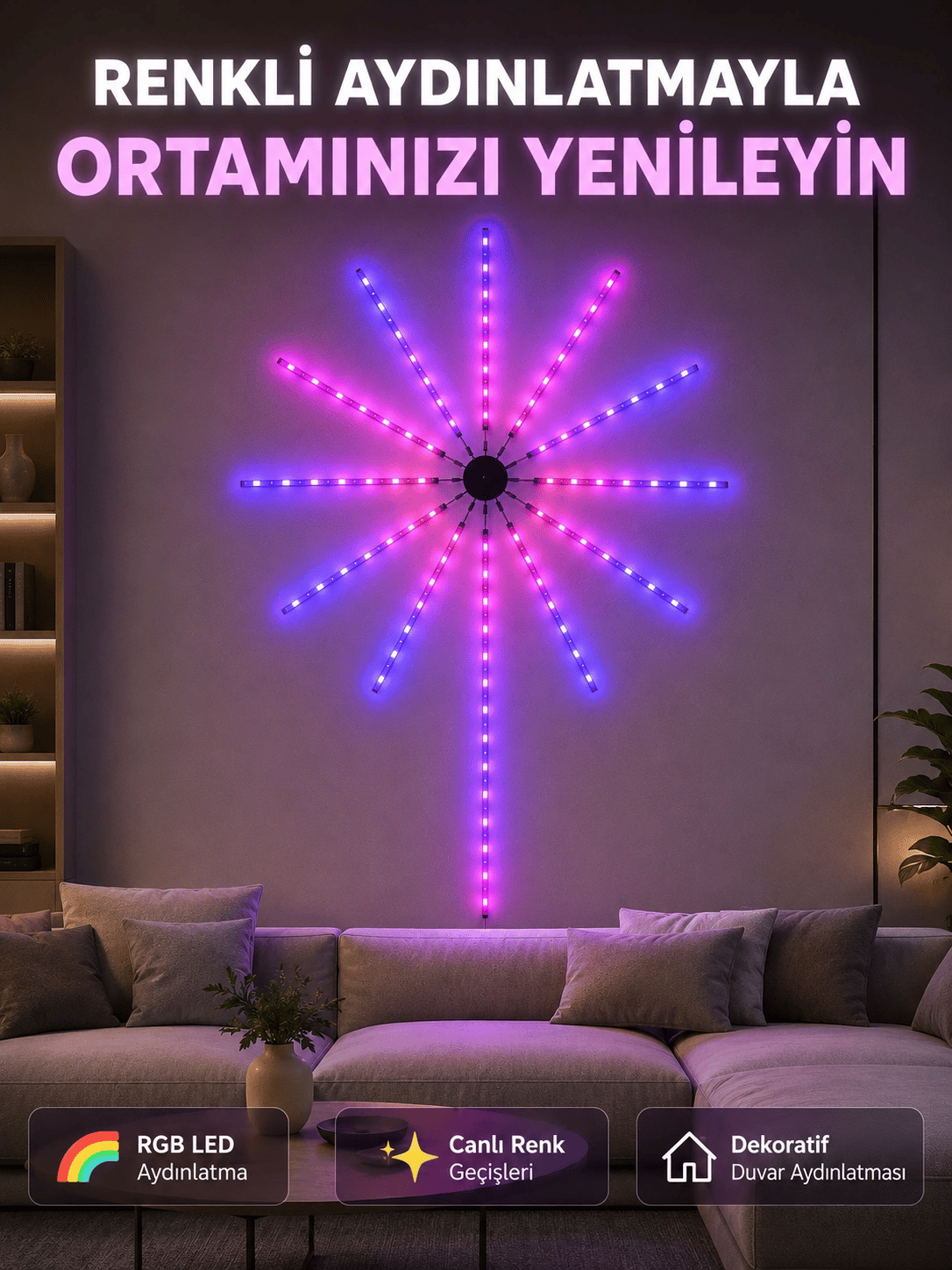 RGB LED Dekoratif Duvar Lambası İç Mekân Telefon Kontrollü Ortam Aydınlatması