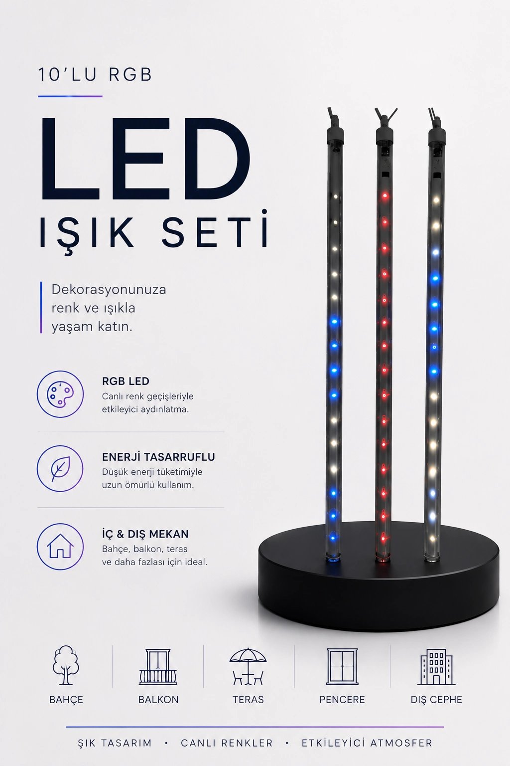 RGB LED Dış Ve İç Mekan Süsleme Işığı 10 Çubuklu Şerit