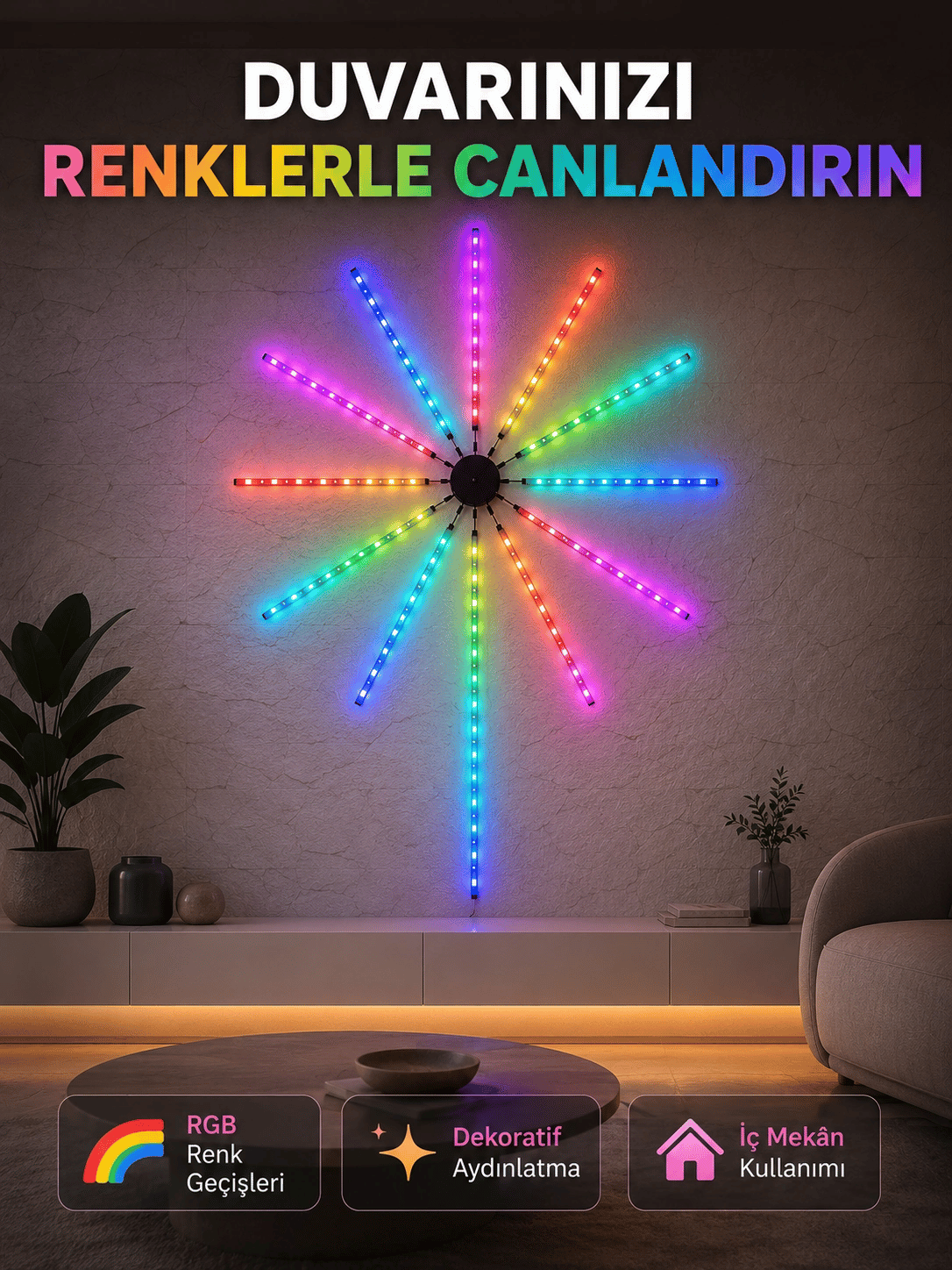 RGB LED Duvar Aydınlatması Telefon Kontrollü Dekoratif Ortam Işığı