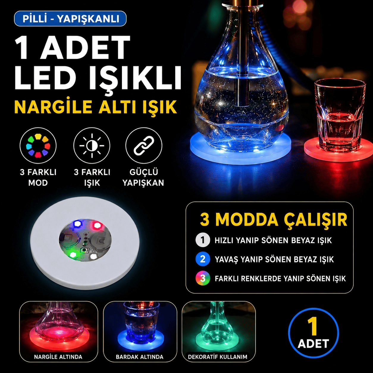 Rgb Led Nargile Altı Işık 1 Adet 6 Cm Çapındadır Bx40