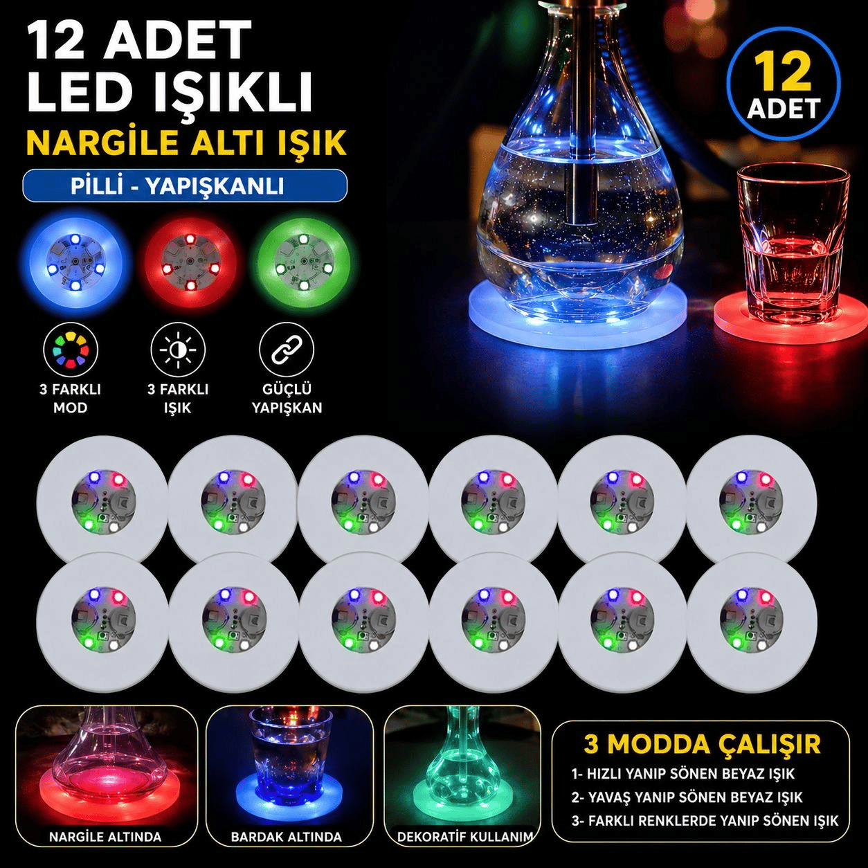 Rgb Led Nargile Altı Işık 12’li Set Bx40