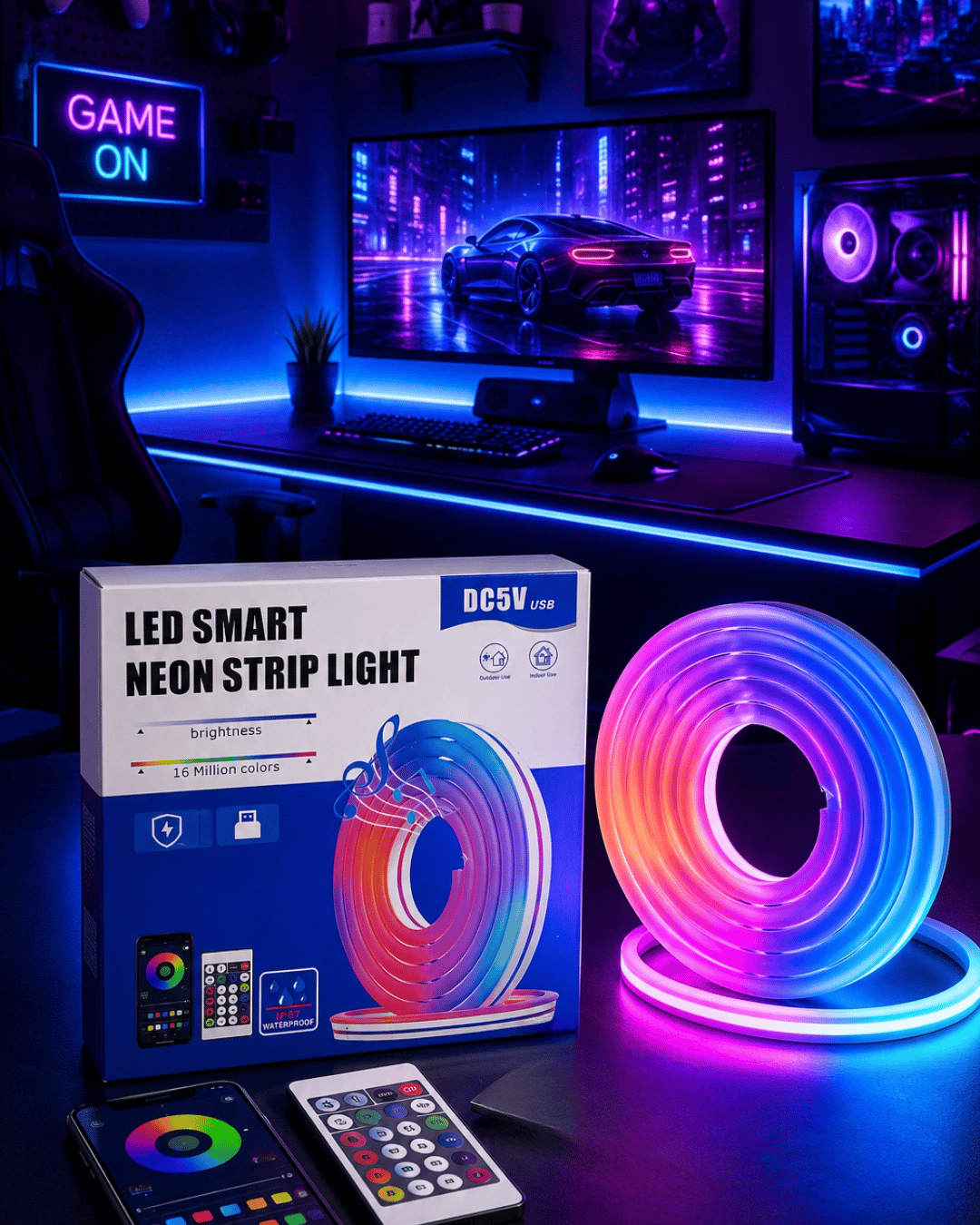 RGB Neon Led Şerit Işık Kumandalı USB Girişli Su Geçirmez Şerit Led