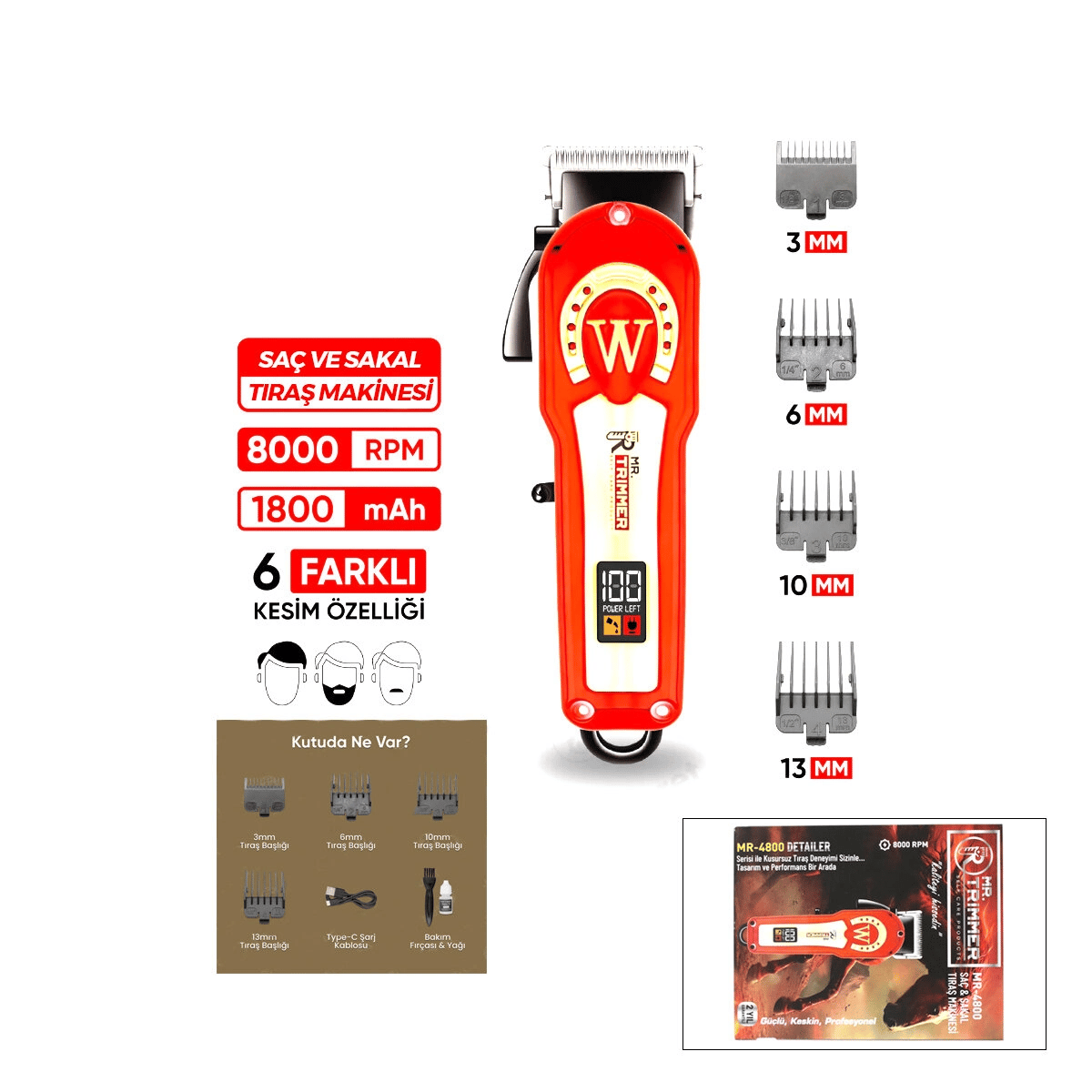 Saç - Sakal Kesme Traş Makinesi Ayarlanabilir Bıçak - 0,1mm-0,5mm 8000rpm 6 Farklı Kesim Mr-4800 Bx40