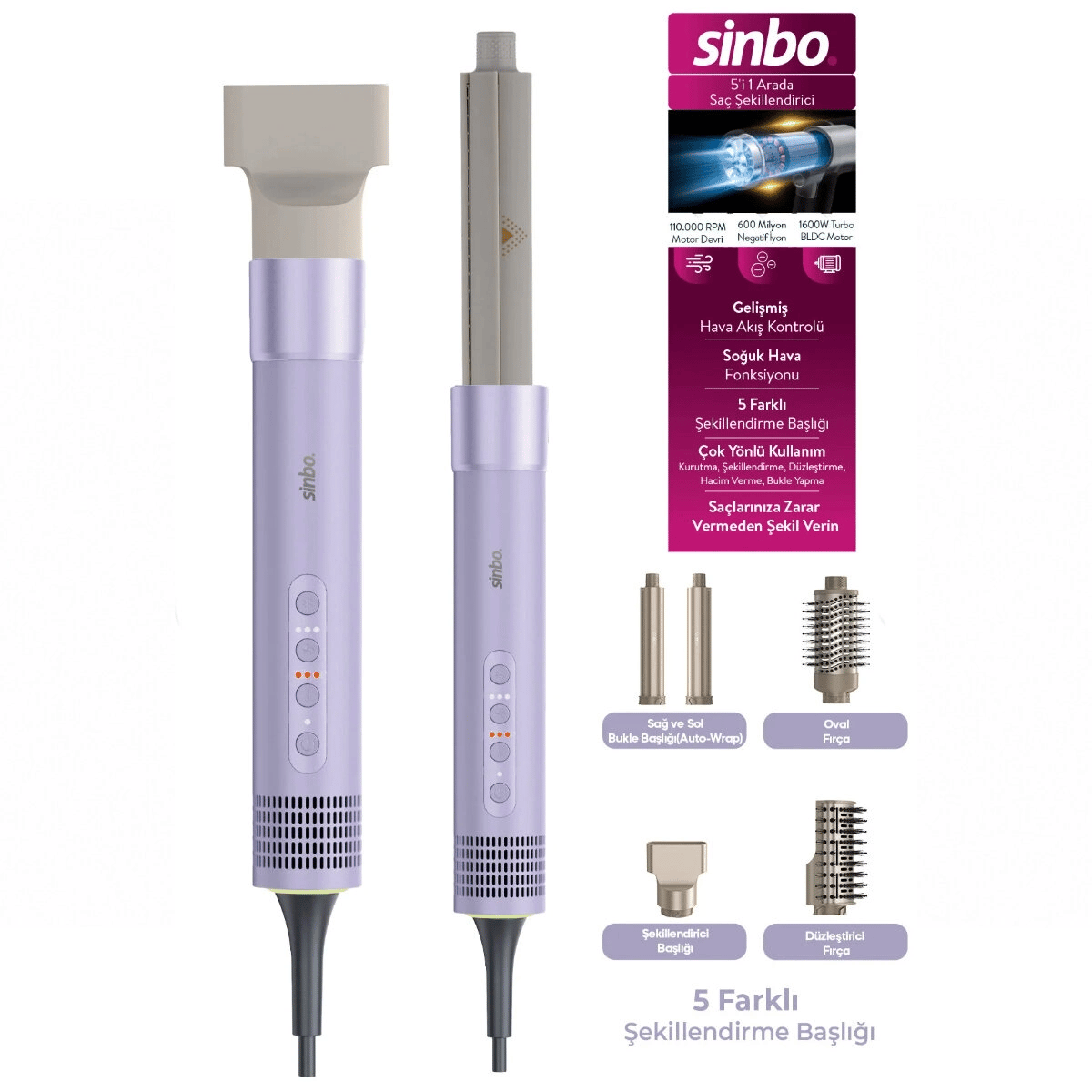 Saç Şekillendirme Cihazı 110.000rpm 5 Başlık - 3 Hız - Sıcaklık Ayar Shd-1760 Bx40