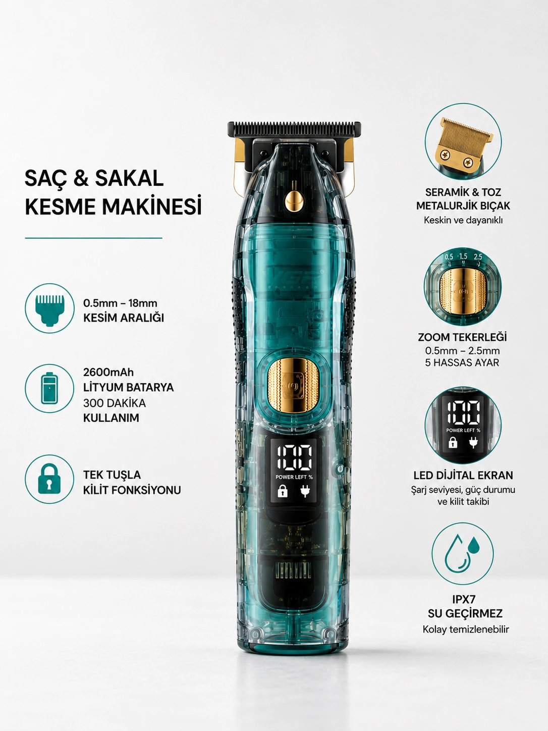 Saç ve Sakal Kesme Makinesi LED Ekranlı Profesyonel  5 Adet Uzunluk Ayarı