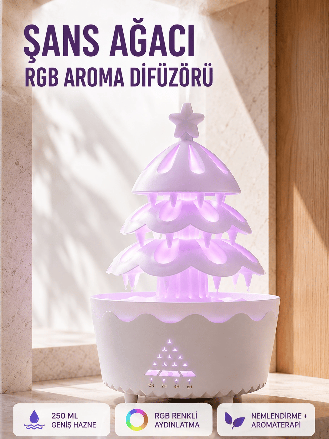 Şans Ağacı 250 ML Ultrasonik Hava Nemlendirici RGB Işıklı Aroma Difüzörü