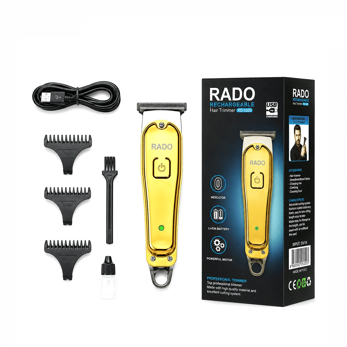 Sarı Metal Kaplama - Usb Sarjlı - T Bıçak 3 Kesim Tarak - Yağ Şişe - Temizleme Fırça Saç Sakal Kesme - Traş Makine Rd-3638 Bx40