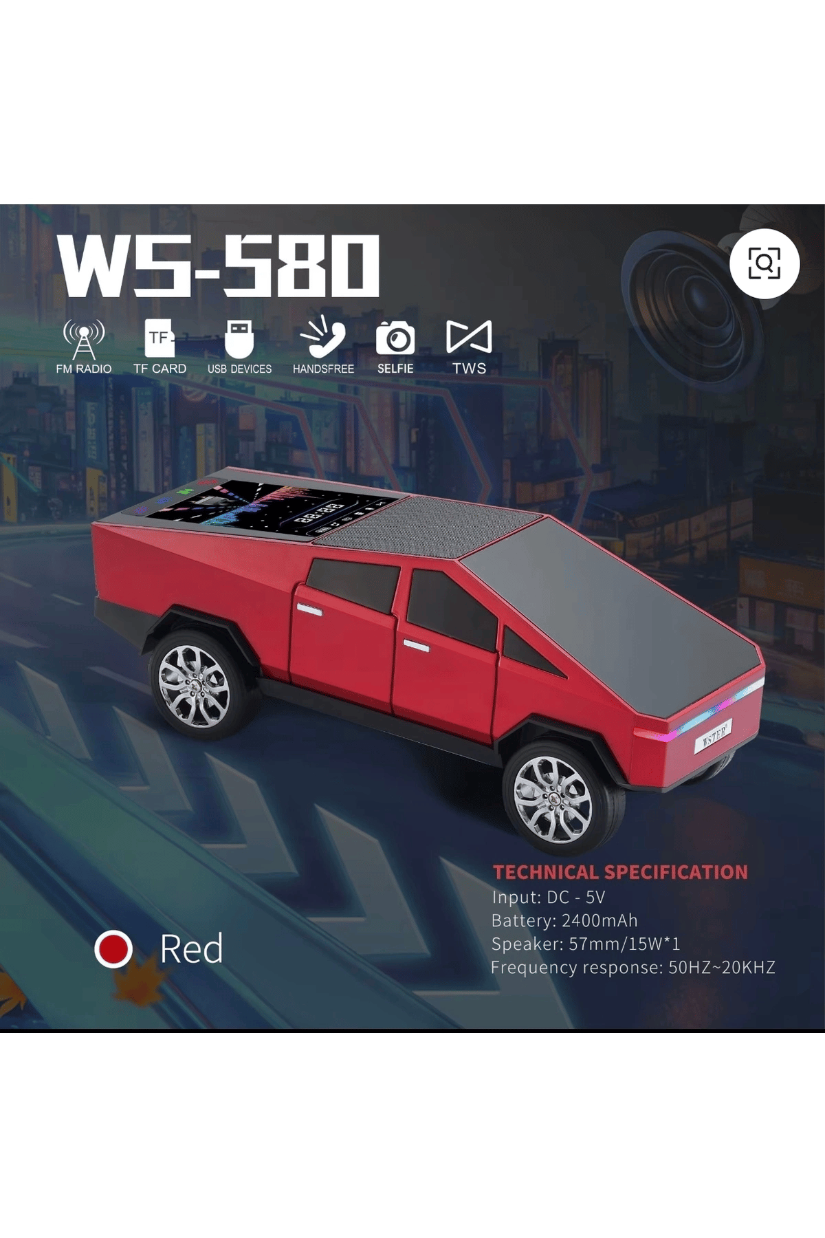 Şarjlı araba tasarımlı Bluetooth hoparlör 15W FM radyo SD kart USB destekli kırmızı