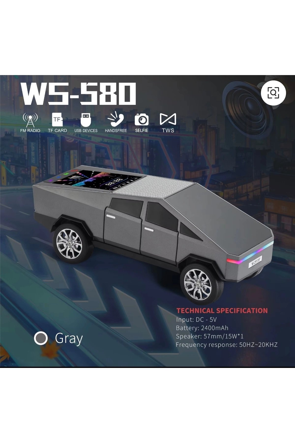 Şarjlı araba tasarımlı gri Bluetooth hoparlör 15W FM radyo SD kart USB destekli 2 yıl garantili