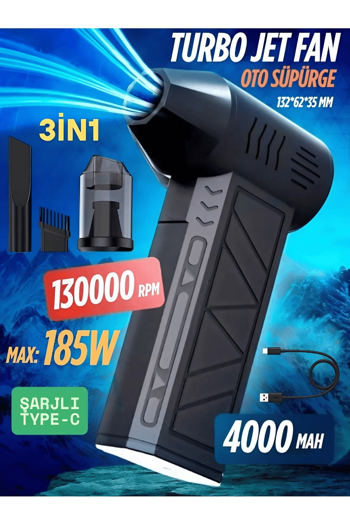Şarjlı araç kurutma cihazı siyah 0-1 saat kullanım 13000 PA vakum gücü 1 yıl garantili