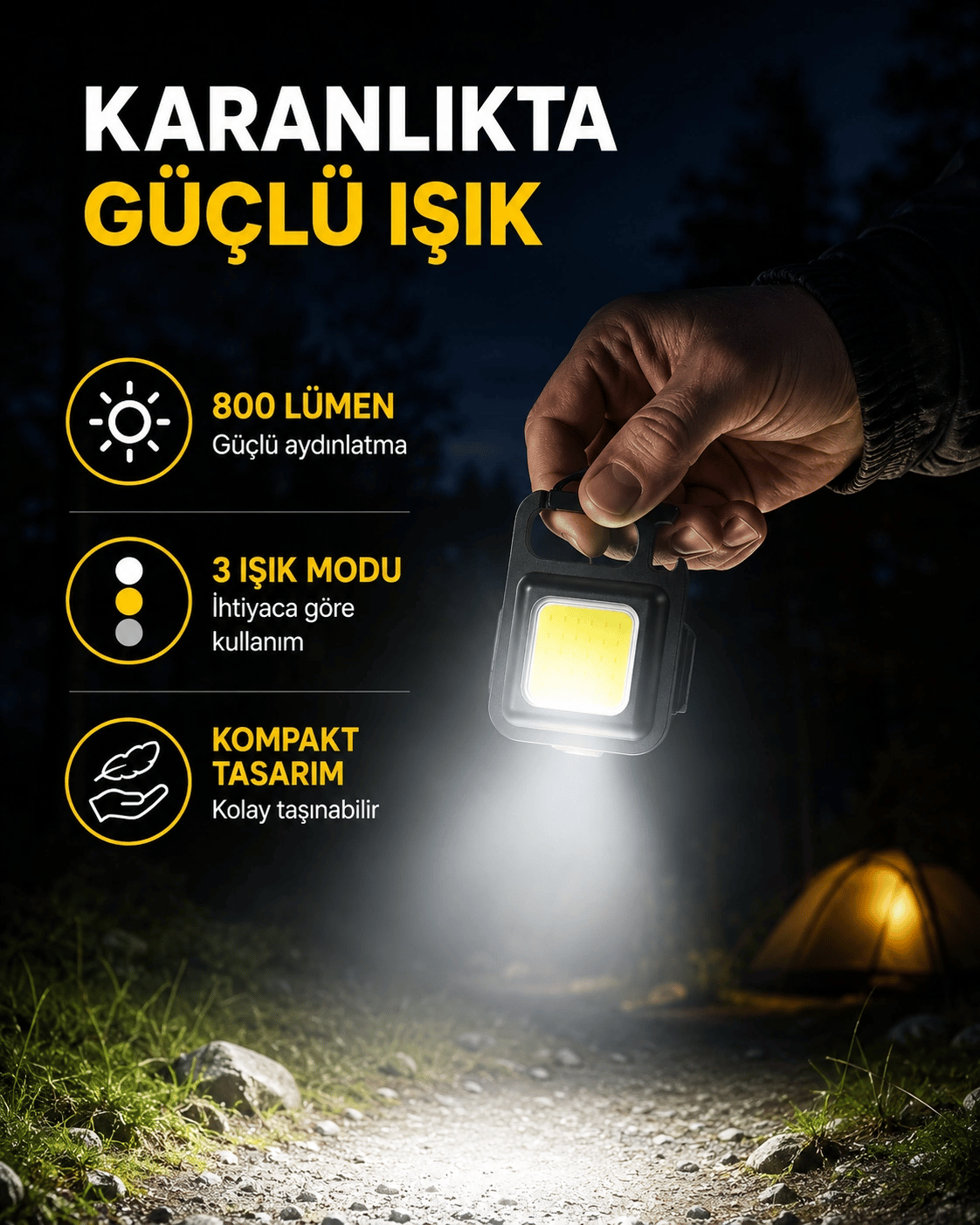 Şarjlı COB LED Anahtarlık Fener – 4 Modlu, Manyetik ve Katlanabilir Standlı Yeni Nesil