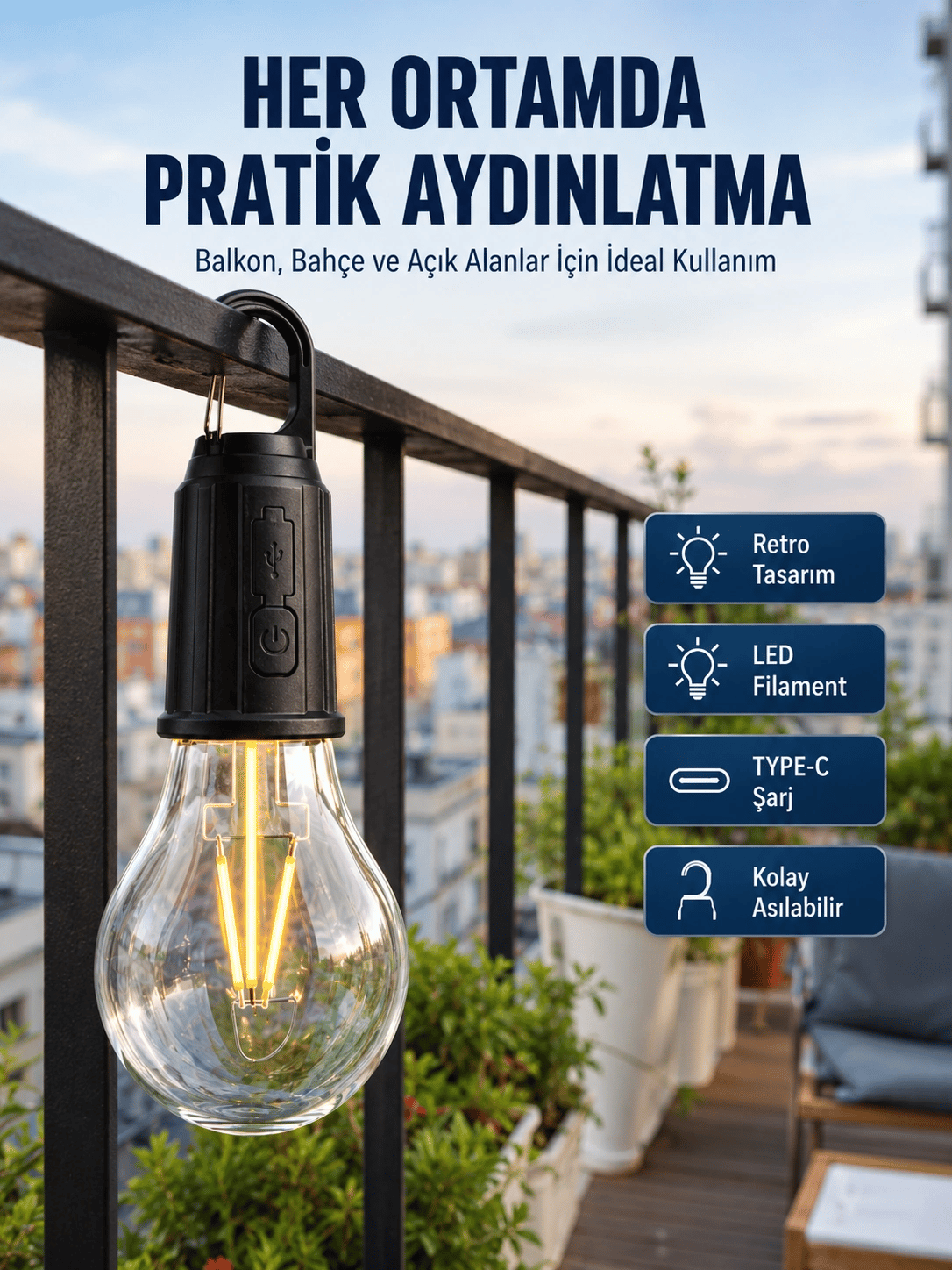 Şarjlı Dekoratif Kamp Lambası Askılı Ampul Led Işık Type-C Girişli