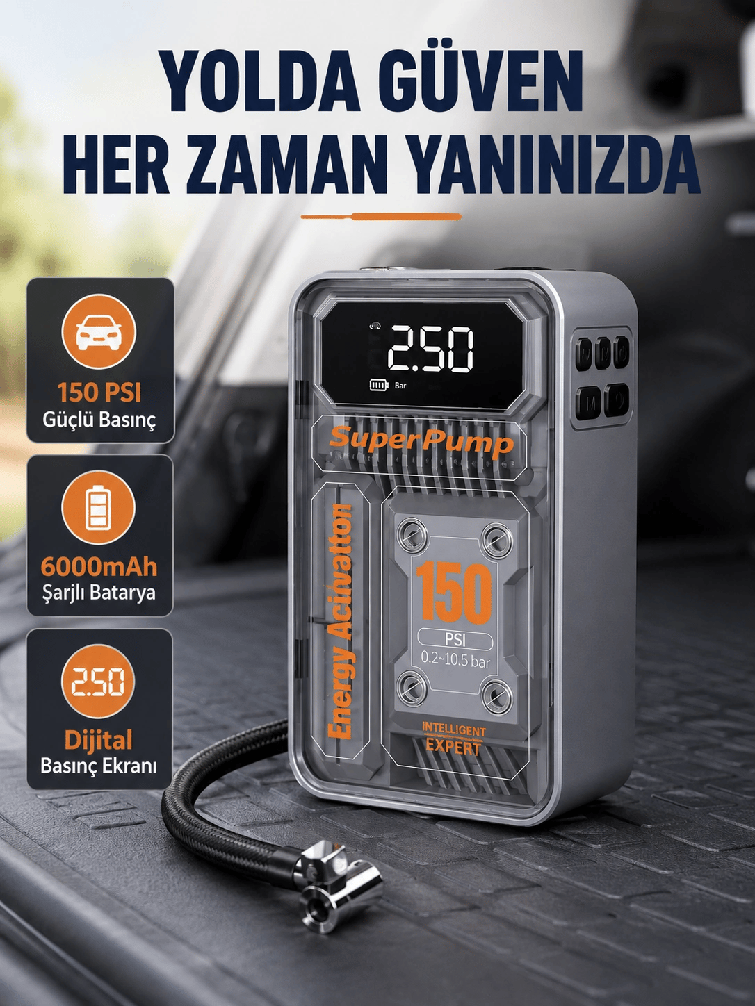 Şarjlı Kablosuz Hava Pompası – 150 PSI Basınç, LED Ekran ve 6000mAh Batarya