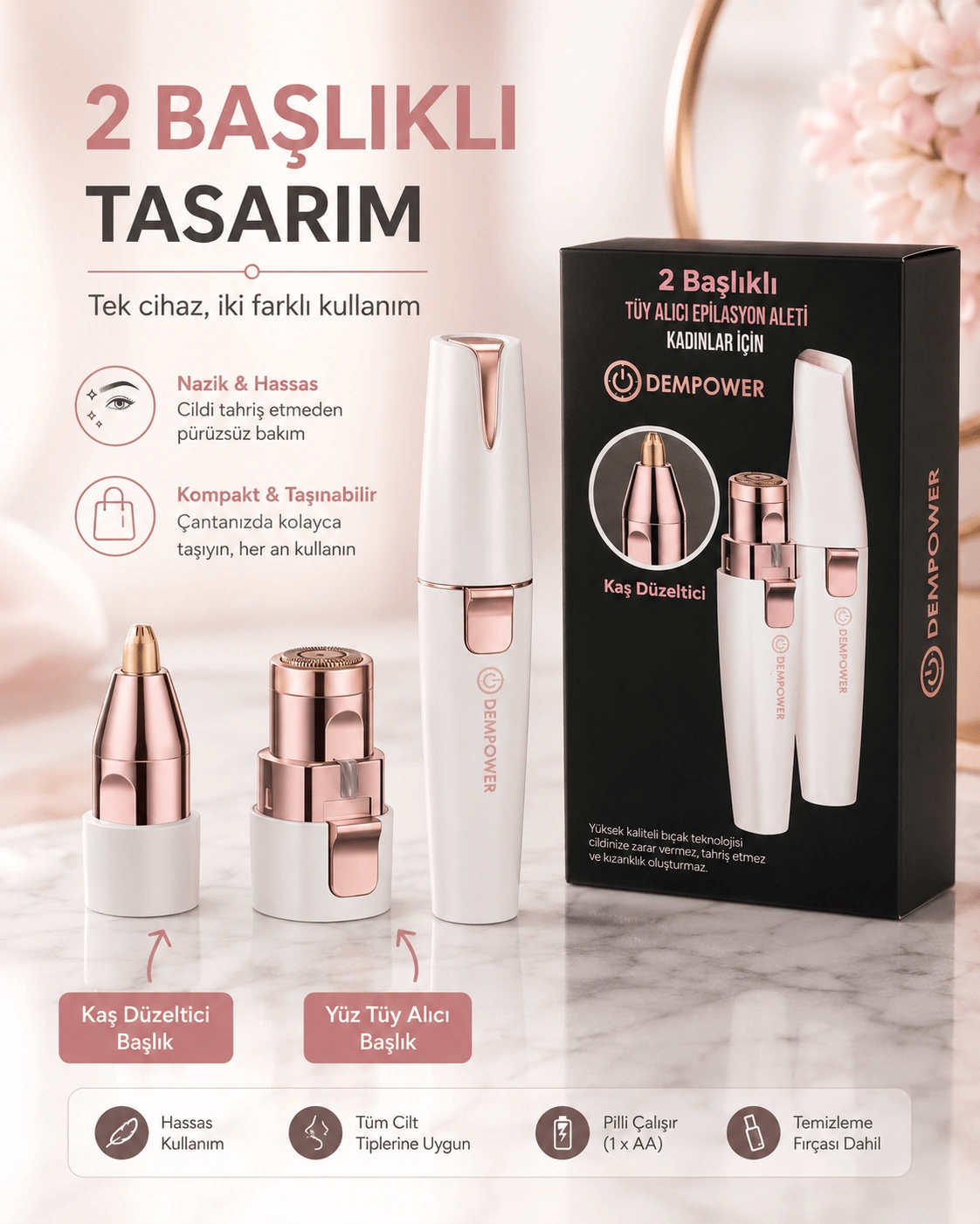 Şarjlı Kadın Tüy Alma Cihazı Kaş Düzeltici Başlıklı Hassas Epilasyon Makinesi