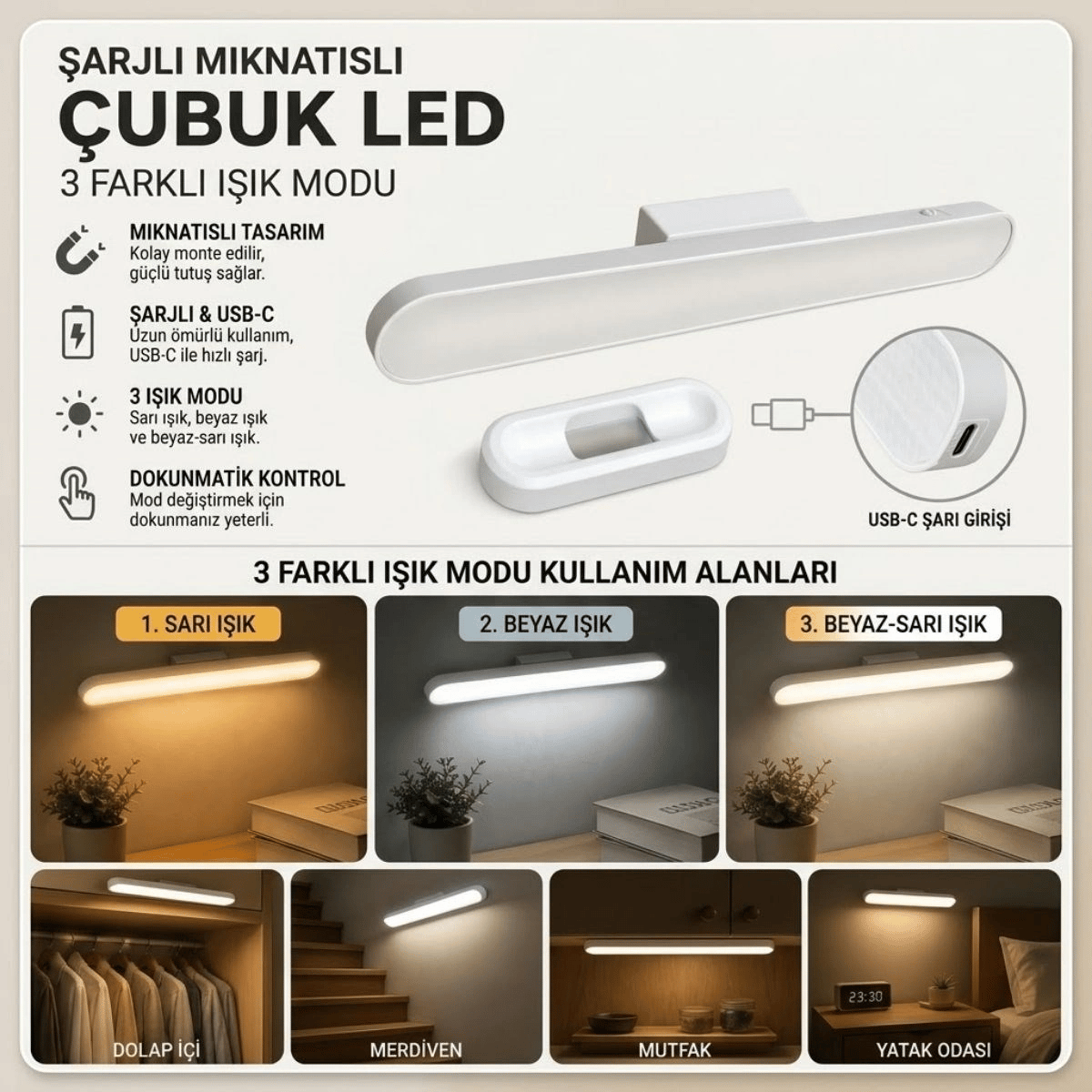 Şarjlı Manyetik Led Çubuk Lamba, Dokunmatik, 3 Modlu, Kablosuz Mutfak Dolap Altı Ve Dekoratif Aydınlatma Bx40
