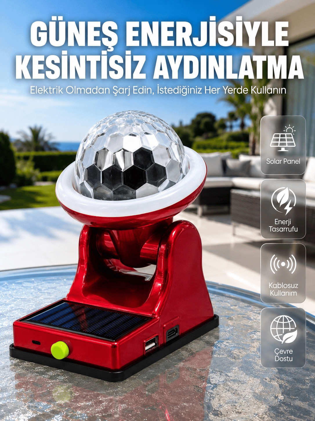 Şarjlı RGB Projektör Lamba Güneş Enerjili Çok Fonksiyonlu Disco Işık Lambası