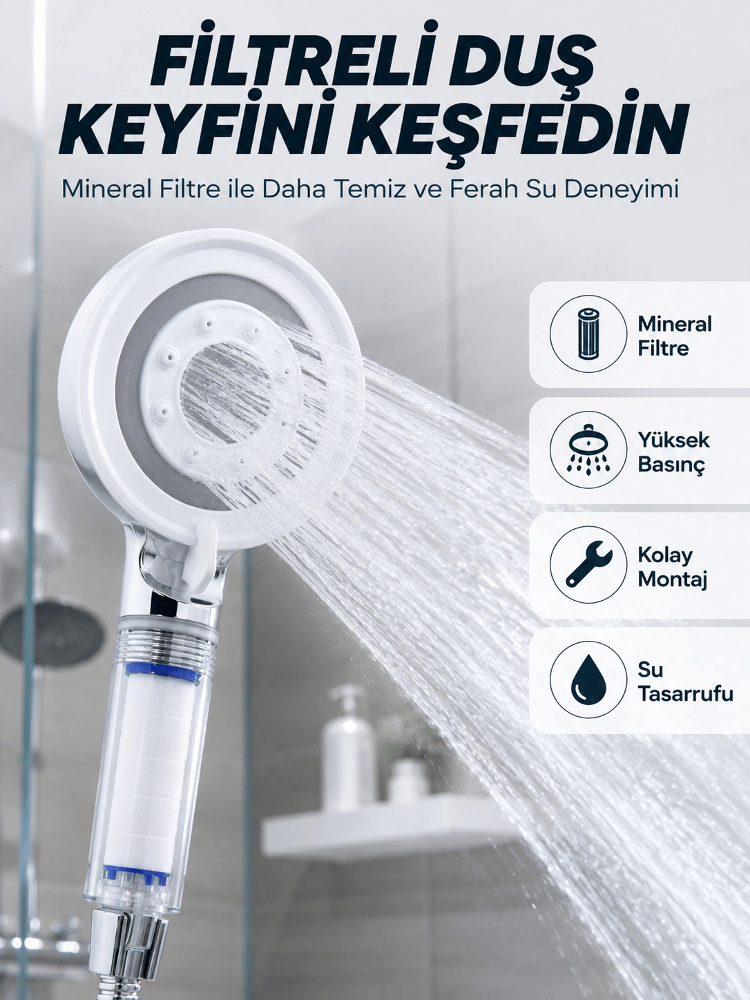 Şeffaf Filtre Hazneli Duş Başlığı Güçlü Akışlı Pratik Banyo Duşu