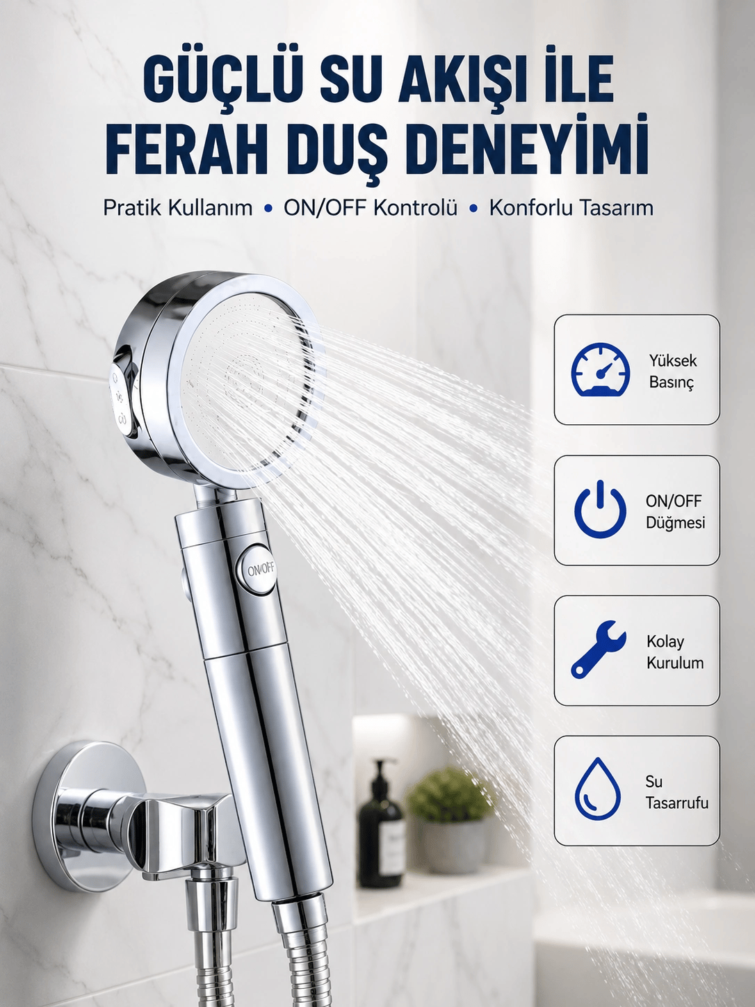 Şelale Sisi ve Masaj Özellikli Banyo Duş Başlığı