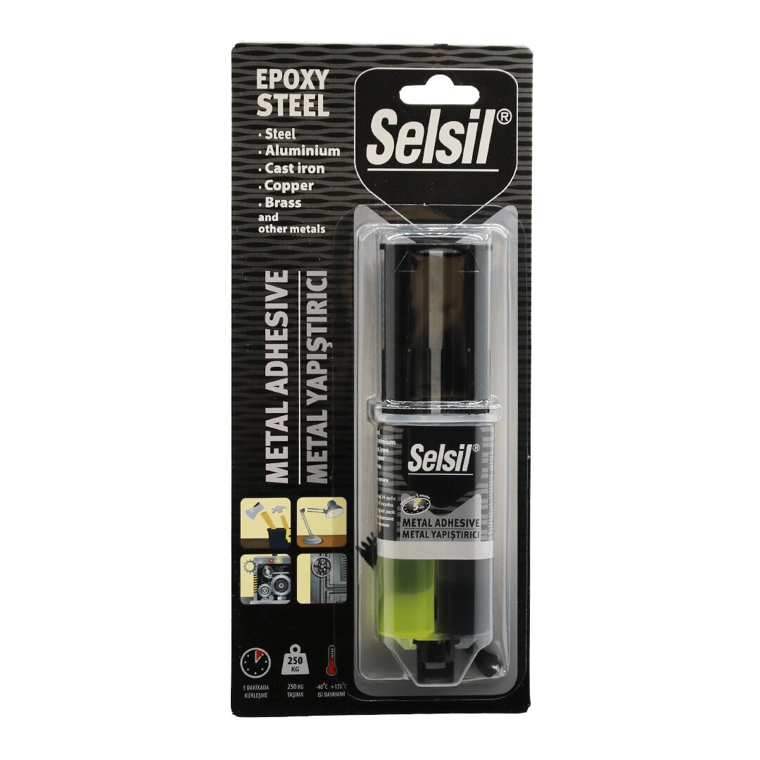 Selsil Epoxy Steel Metal Şırınga Epoksi Yapıştırıcı 28gr. Metal - Çelik - Alüminyum - Ahşap - Plastik Bx40