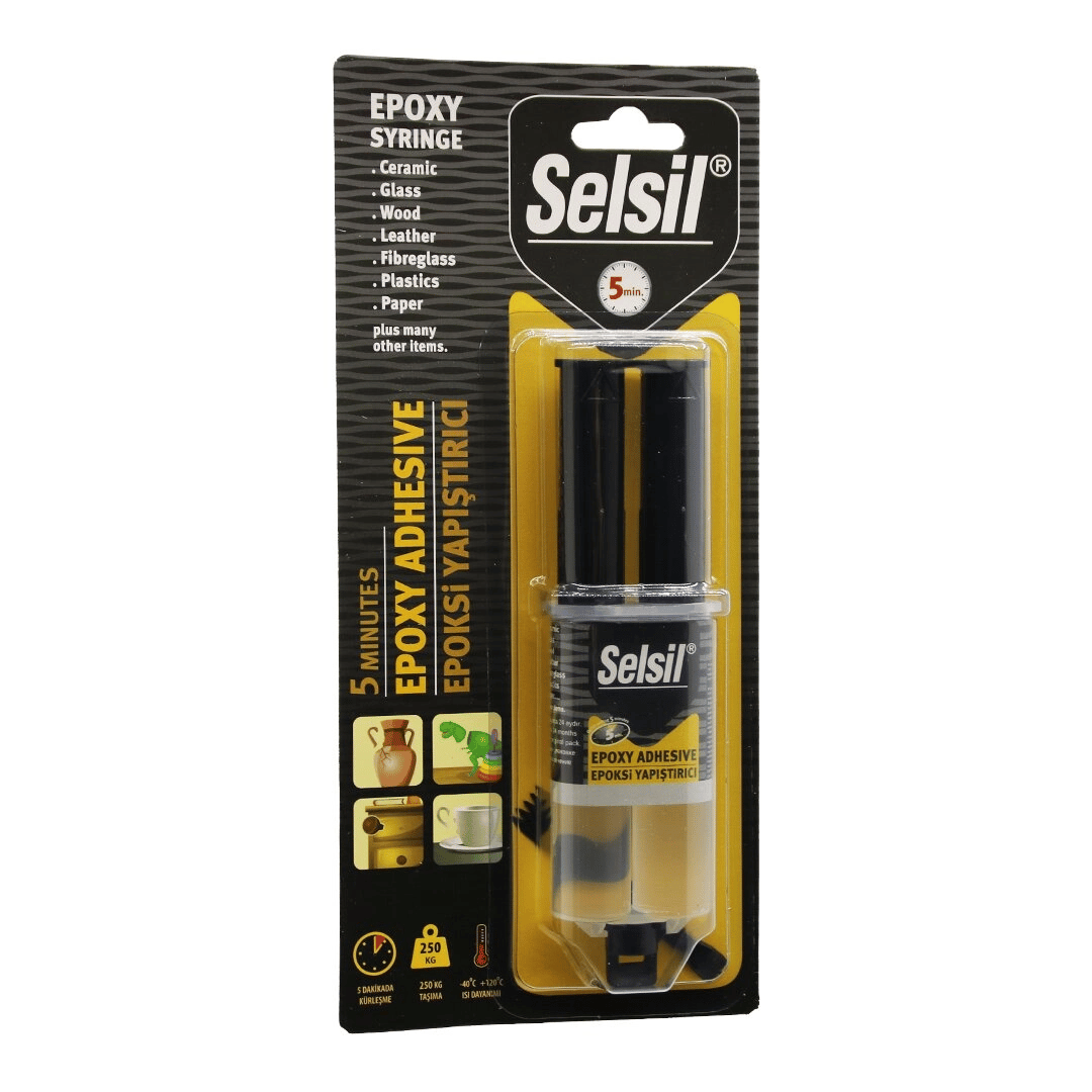 Selsil Epoxy Syrınge Adhesive Şırınga Epoksi Yapıştırıcı 28gr. Alüminyum - Cam - Porselen - Seramik - Ahşap - Metal Bx40