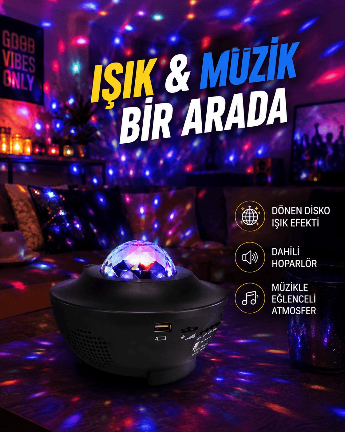 Sesle Etkileşimli Yıldız Projektörlü Gece Lambası – Bluetooth Hoparlörlü, USB Girişli, Dönen Okyanus