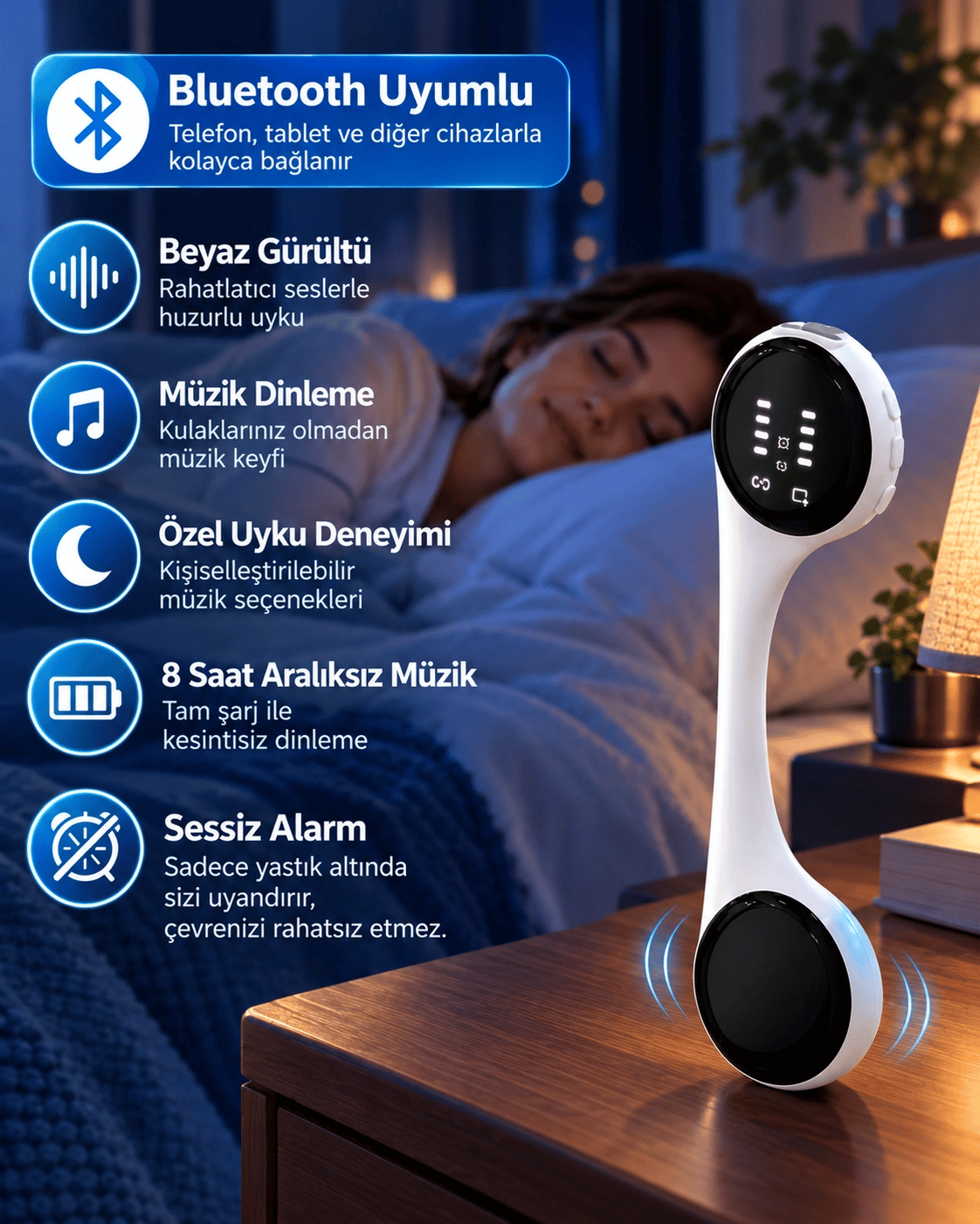 Sessiz Alarm Özellikli Bluetooth Hoparlör Yastık Altı Uyku Cihazı Doğal Ses ve 8 Saat Kesintisiz Müzik