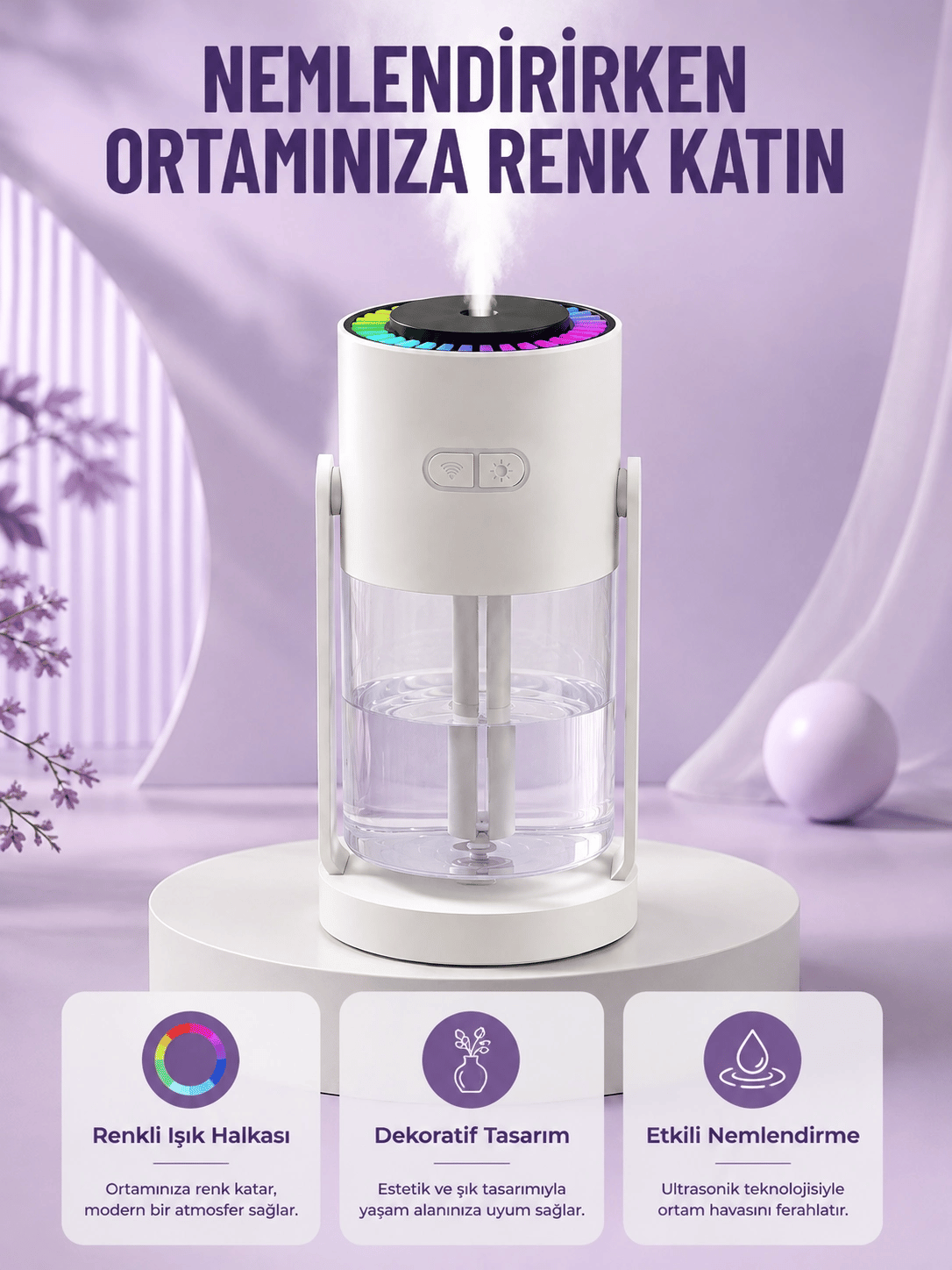 Sessiz Hava Nemlendirici Renkli Gece Işıklı Otomatik Kapanma Özellikli Nemlendirme Cihazı