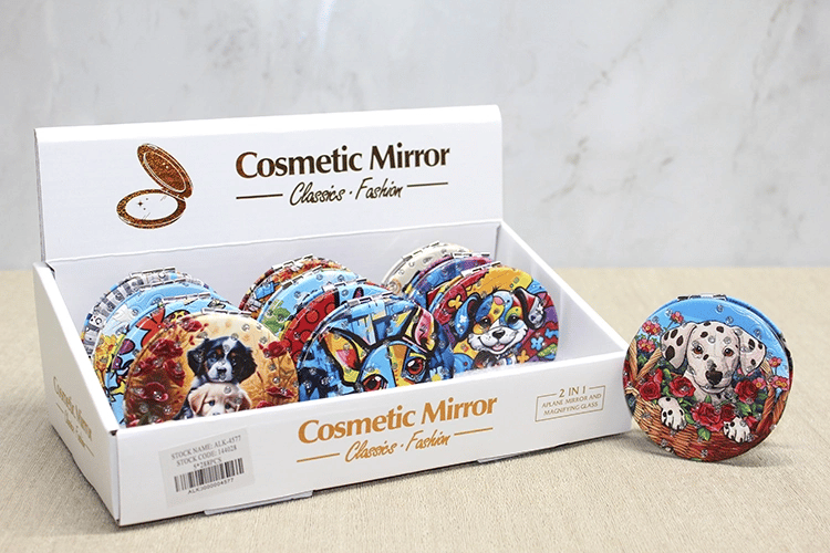 Sevimli Köpek Tasarımlı Taşlı İnce El Aynası Yuvarlak