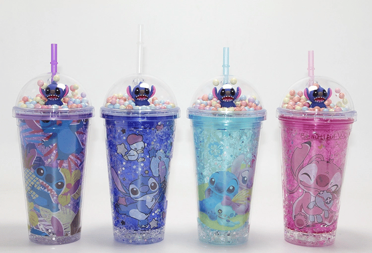 Sevimli Stitch Işıklı Pipetli Pullu Suluk Bardak 400 ml