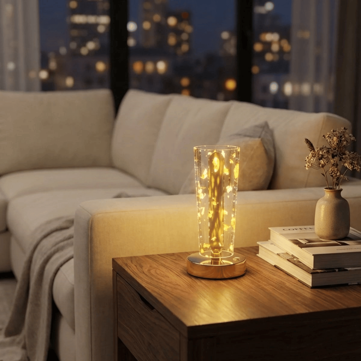 Silindirik Kristal Altın Toz model Led Masa Lambası – Gold Tabanlı, Dokunmatik, 3 Renk Işık Modlu, Şarjlı Modern Dekoratif Gece Lambası Bx40