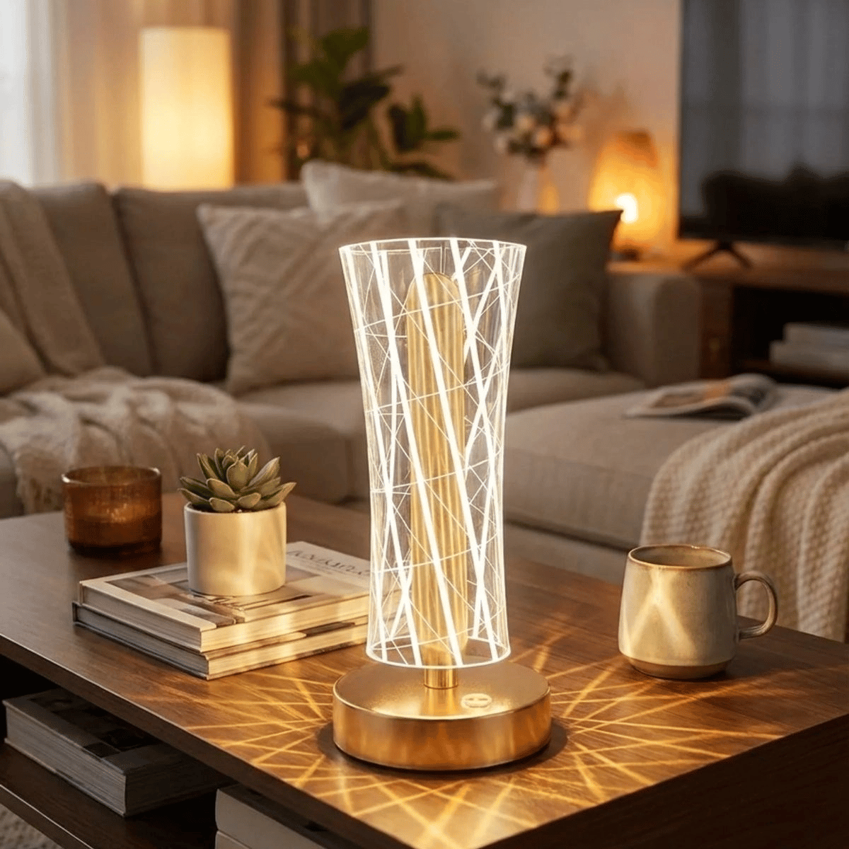 Silindirik Kristal Çizgi Model Led Masa Lambası – Gold Tabanlı, Dokunmatik, 3 Renk Işık Modlu, Şarjlı Modern Dekoratif Gece Lambası Bx40