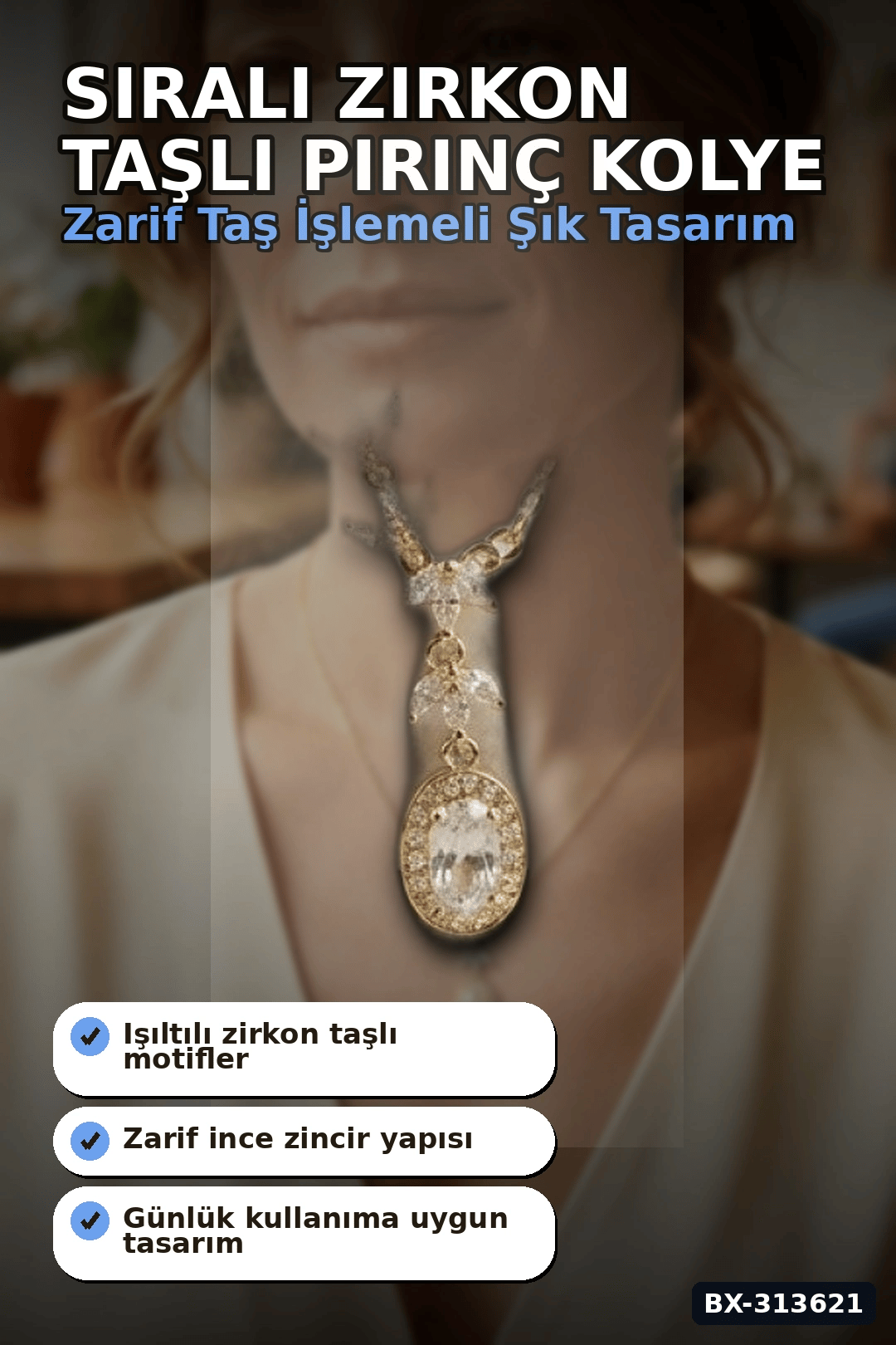 Sıralı Zirkon Taşlı Pirinç Gold Renk Model Kadın Kolye 45 cm Zincir Hediyelik BX-313621