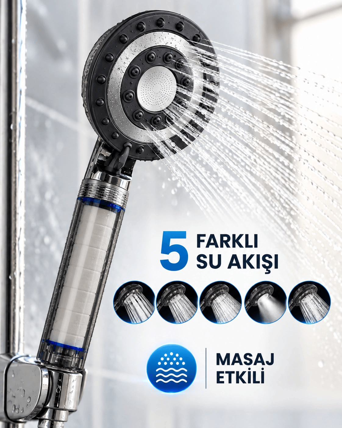Siyah Filtreli Duş Başlığı 5 Farklı Su Akışı Masaj Etkili Klor ve Kireç Filtreleme